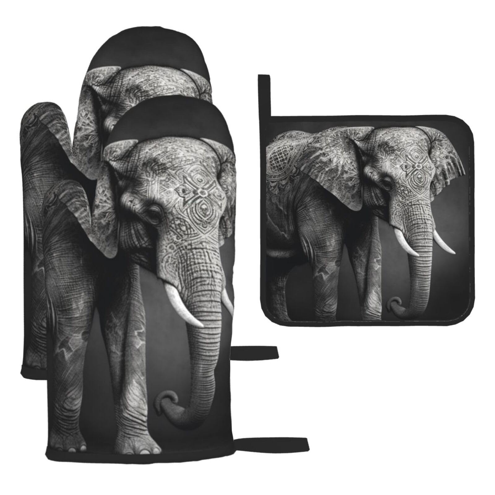 Lot de 3 maniques motif éléphant noir et blanc, idée cadeau idéale pour passionnés de cuisine