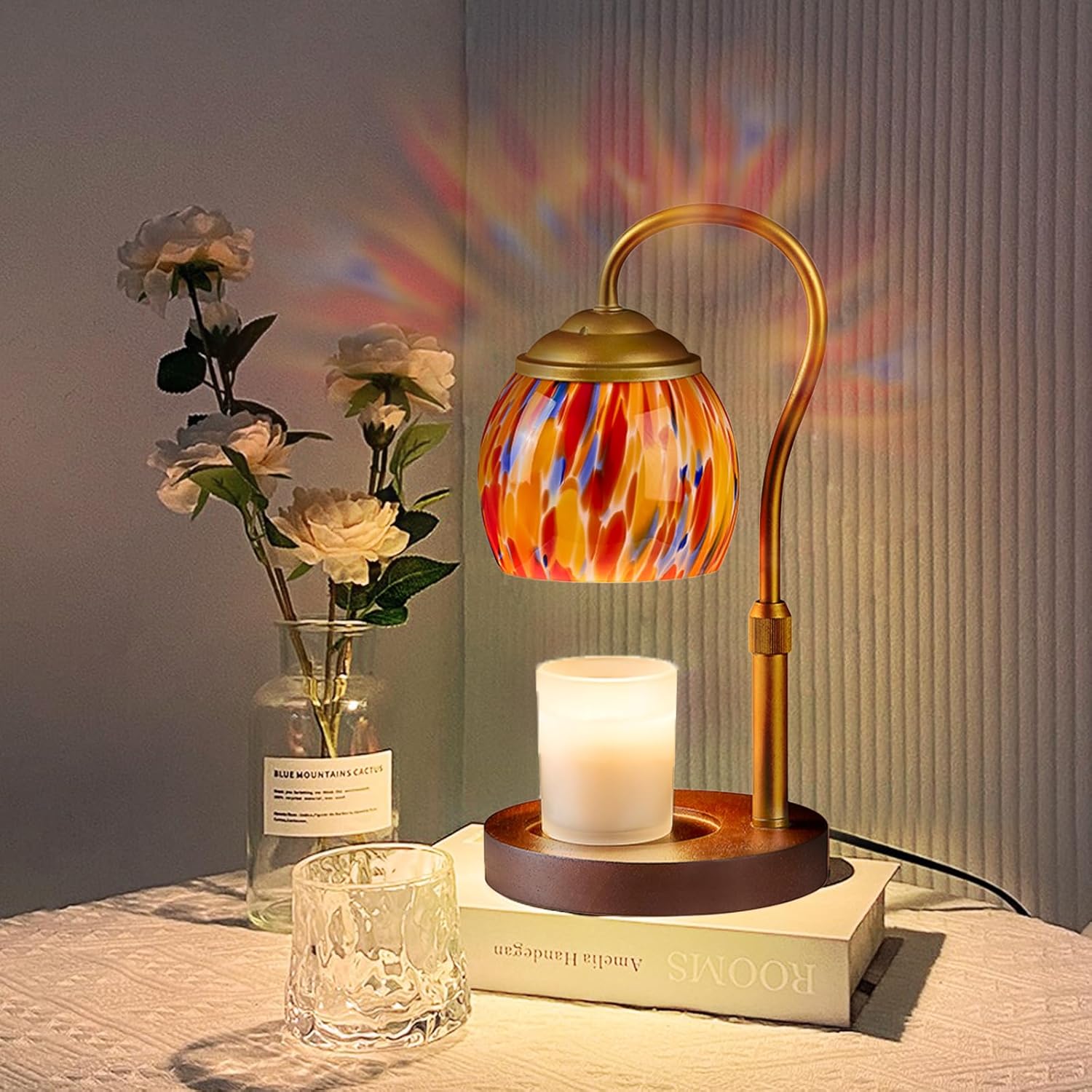 Red Opal art Glass Candle Warmer Lamp with Wood Base - Height Adjustable, 2/4/8H Timer, 4-Level Dimmer - Includes 2 GU10 Bulbs - Festive Winter Holiday Decor & Gifts for Women, Fits Candles up to 5"