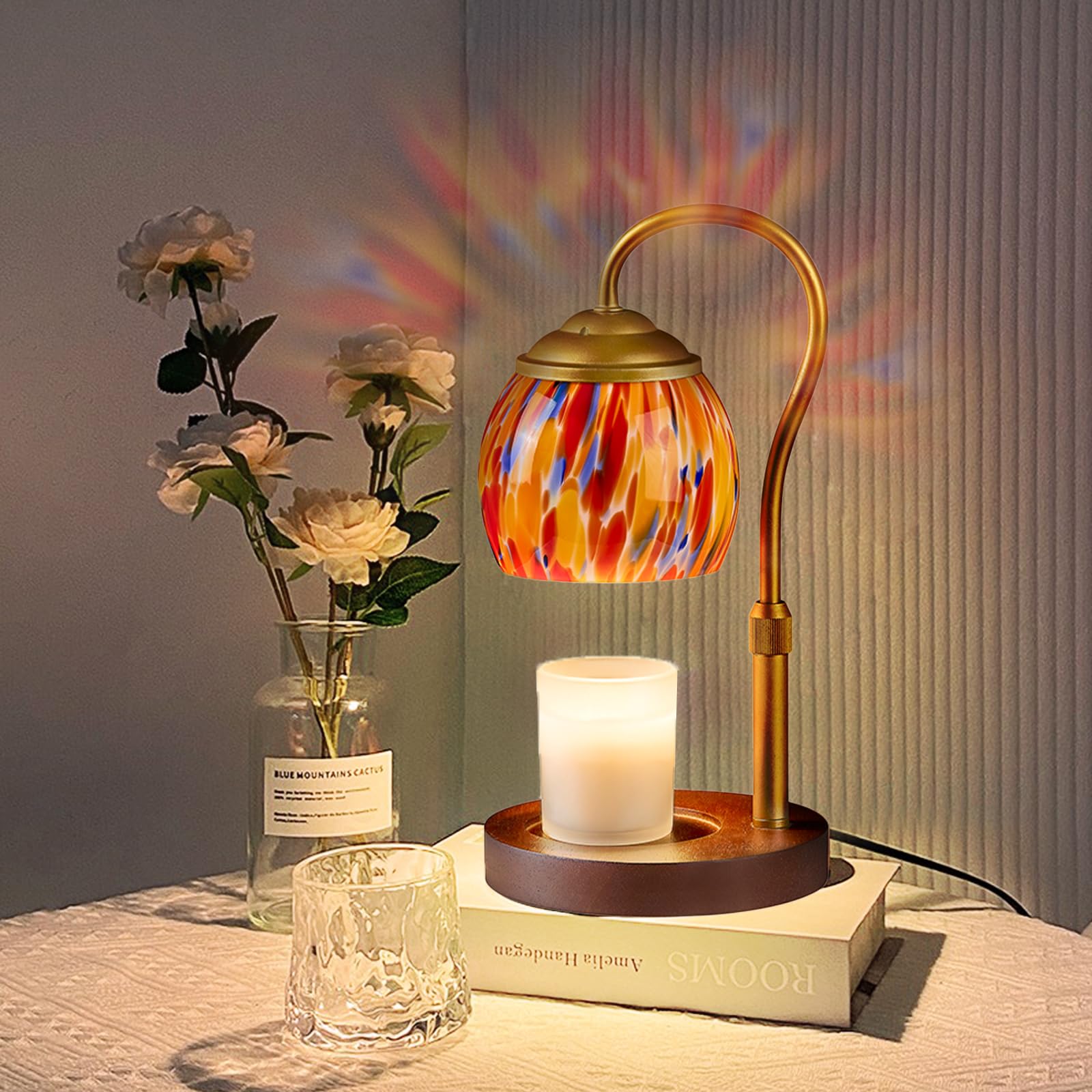 Photo 1 of Blue Opal art glass Candle Warmer Lamp with Wood Base - Height Adjustable, 2/4/8H Timer, 4-Level Dimmer - Includes 2 GU10 Bulbs - Winter Home Decor & Gifts for Women, Fits Candles up to 5"