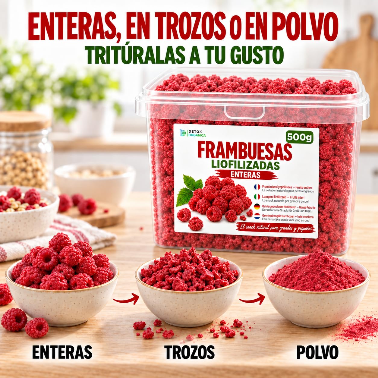 Detox Organica Frambuesas Liofilizadas 500g - Enteras - Cubo Resellable