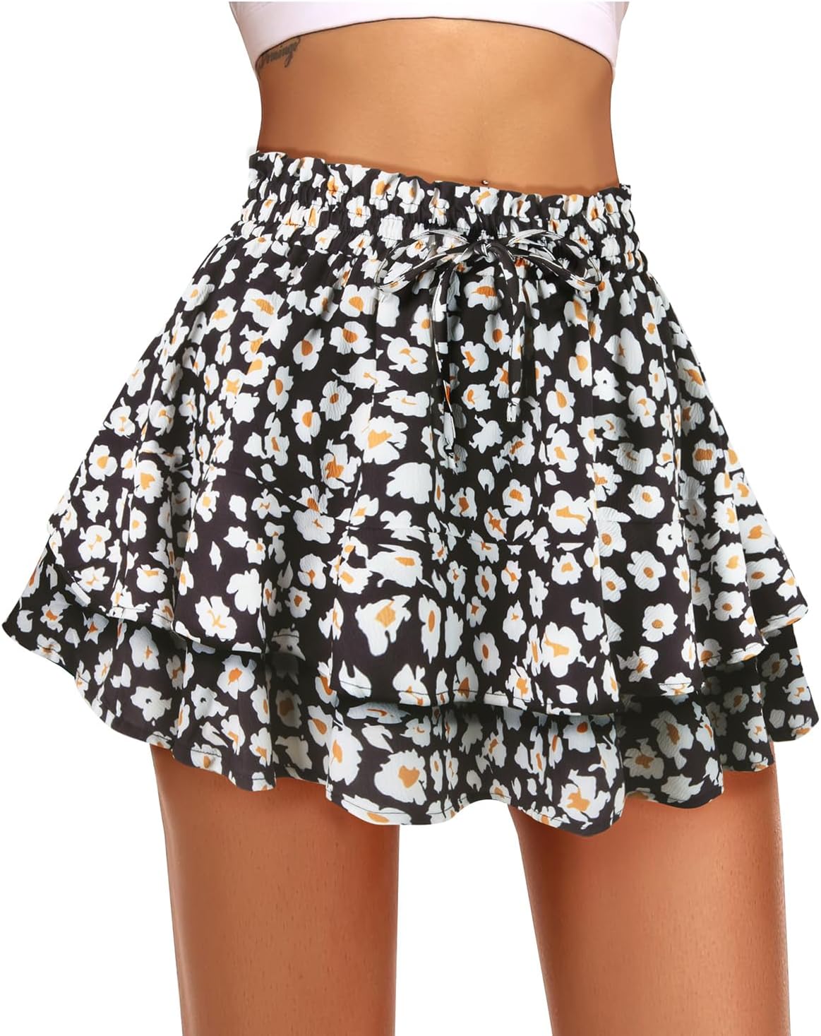 Kimmery Women's Boho Ruffle Skirt Floral Tiered Mini Skirts with Shorts Underneath