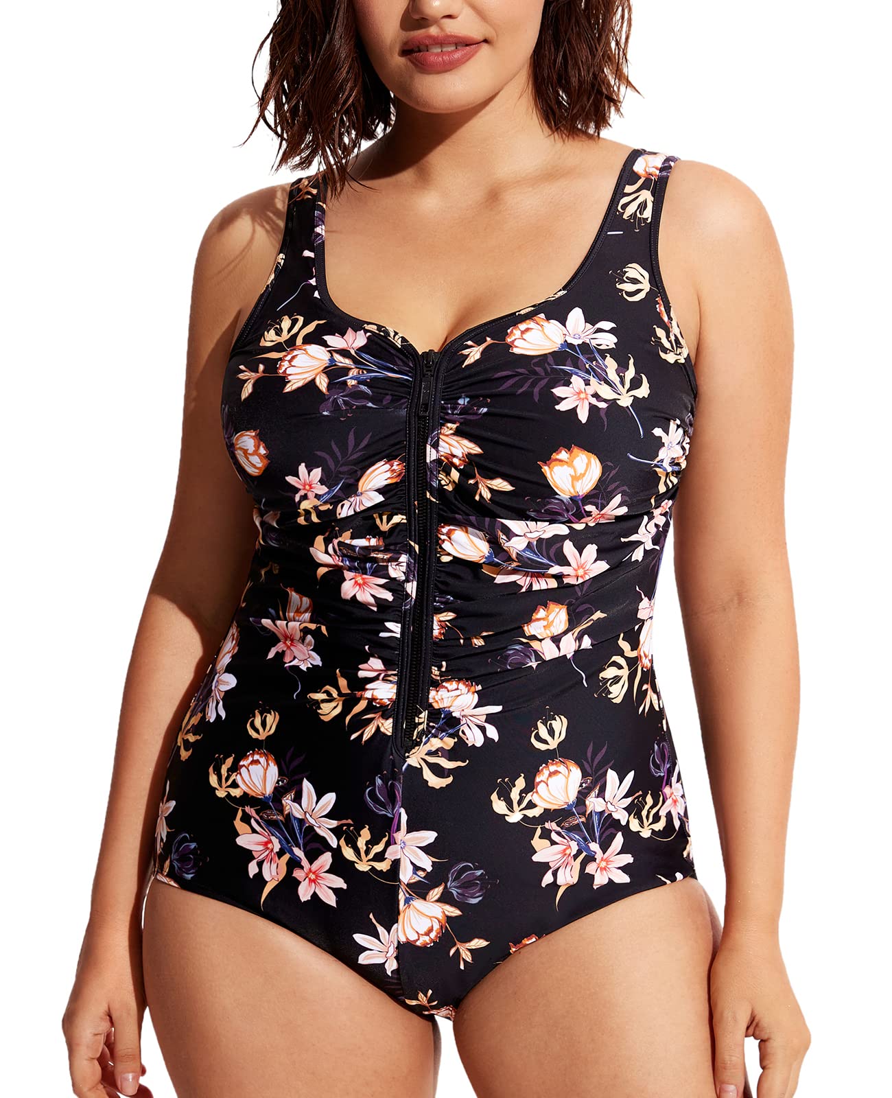 DELIMIRA Women's One Piece Bathing Suit Plus Size Swimsuit Tummy Control Front Zipper Swimwear