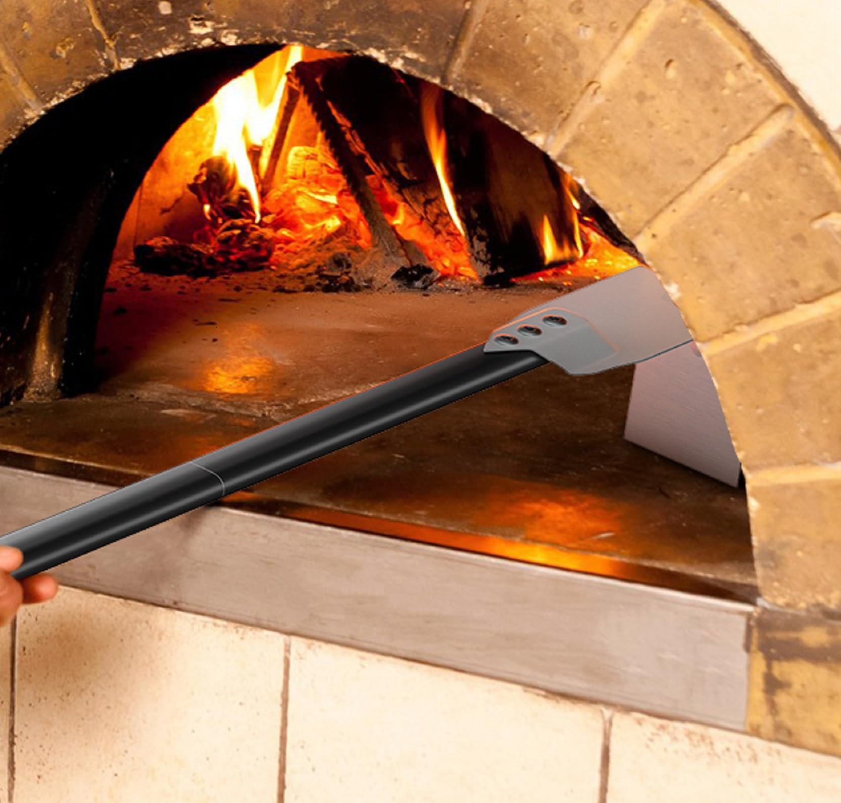 4er Pizzaofen-Set Gesamtlänge 160cm, 35 cm Rechteckiger Pizzaschieber 23 cm Pizzaschaufel aus Hart Eloxiertes Aluminium, Pizzaofenbürste, Ascherechen, Holzofen Pizzaofen Zubehör für Restaurant