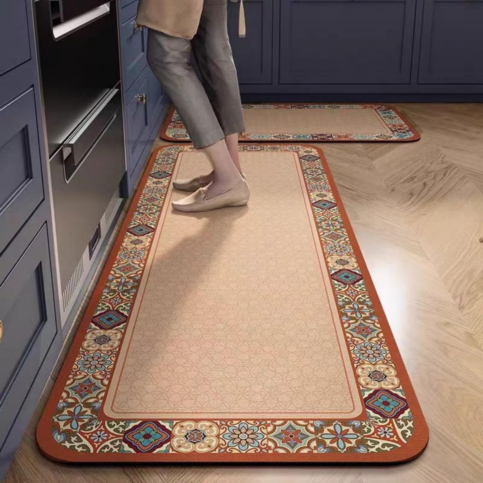 Tapis de cuisine anti-tache et étanche lot de 2 pièces 50x80 cm bleu et orange