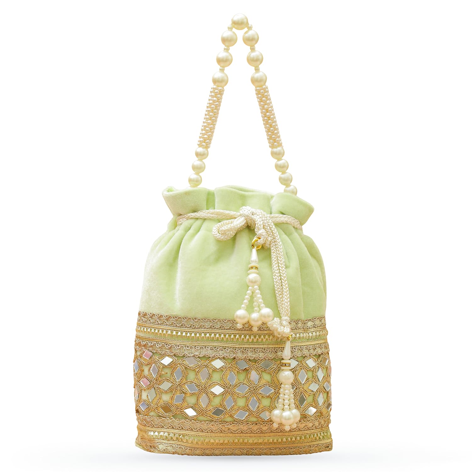 Pastel Mint Green Velvet Potli Bag with Pearl Handle, Mirror Embroidery & Tassel Detailing for Women & Girls-image-40