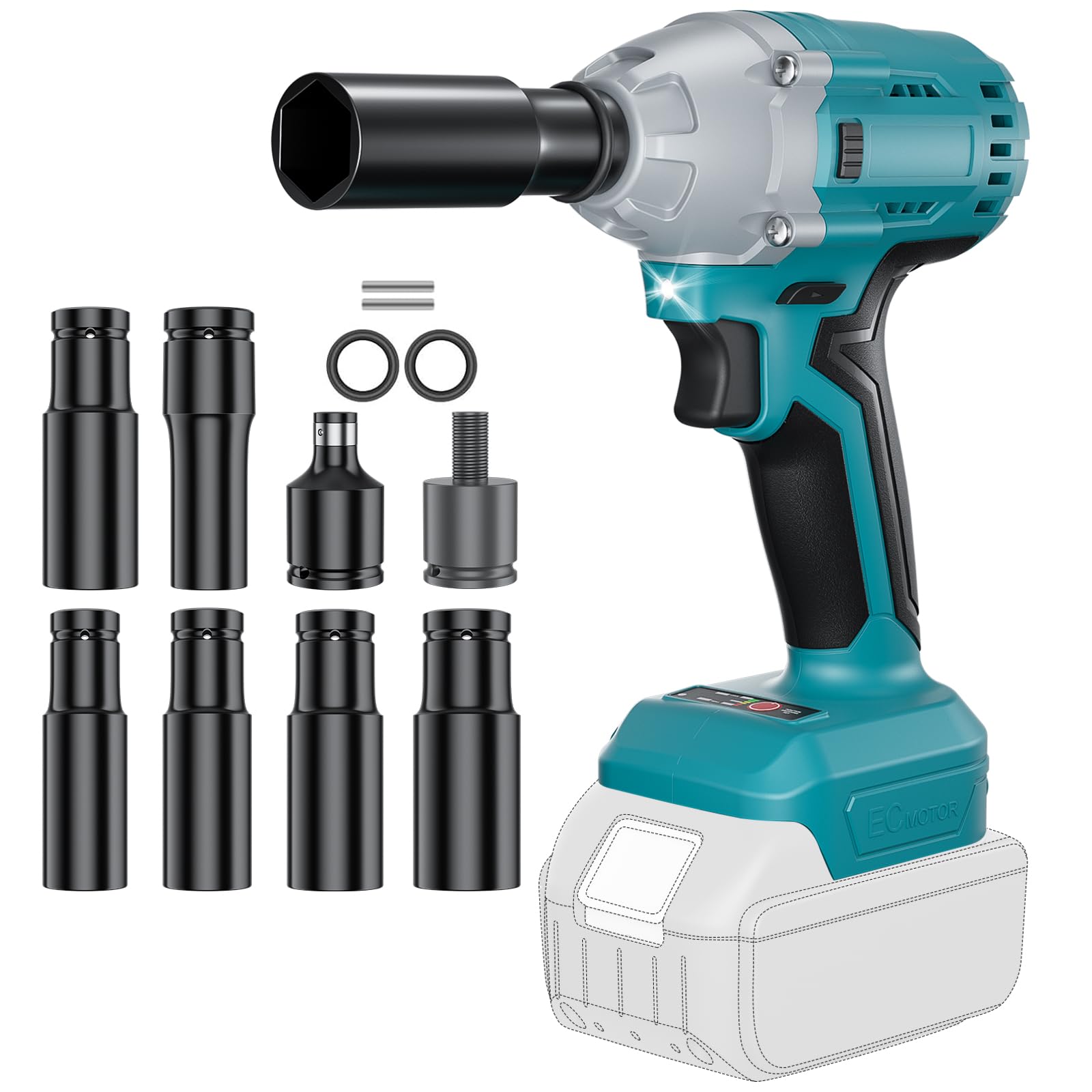 Cordless Impact Wrench Compatible with Makita 18V Lithium Battery (No Battery), Brushless Impact Wrench with 6 Sockets and LED Light for Scaffolding and Automotive Assembly