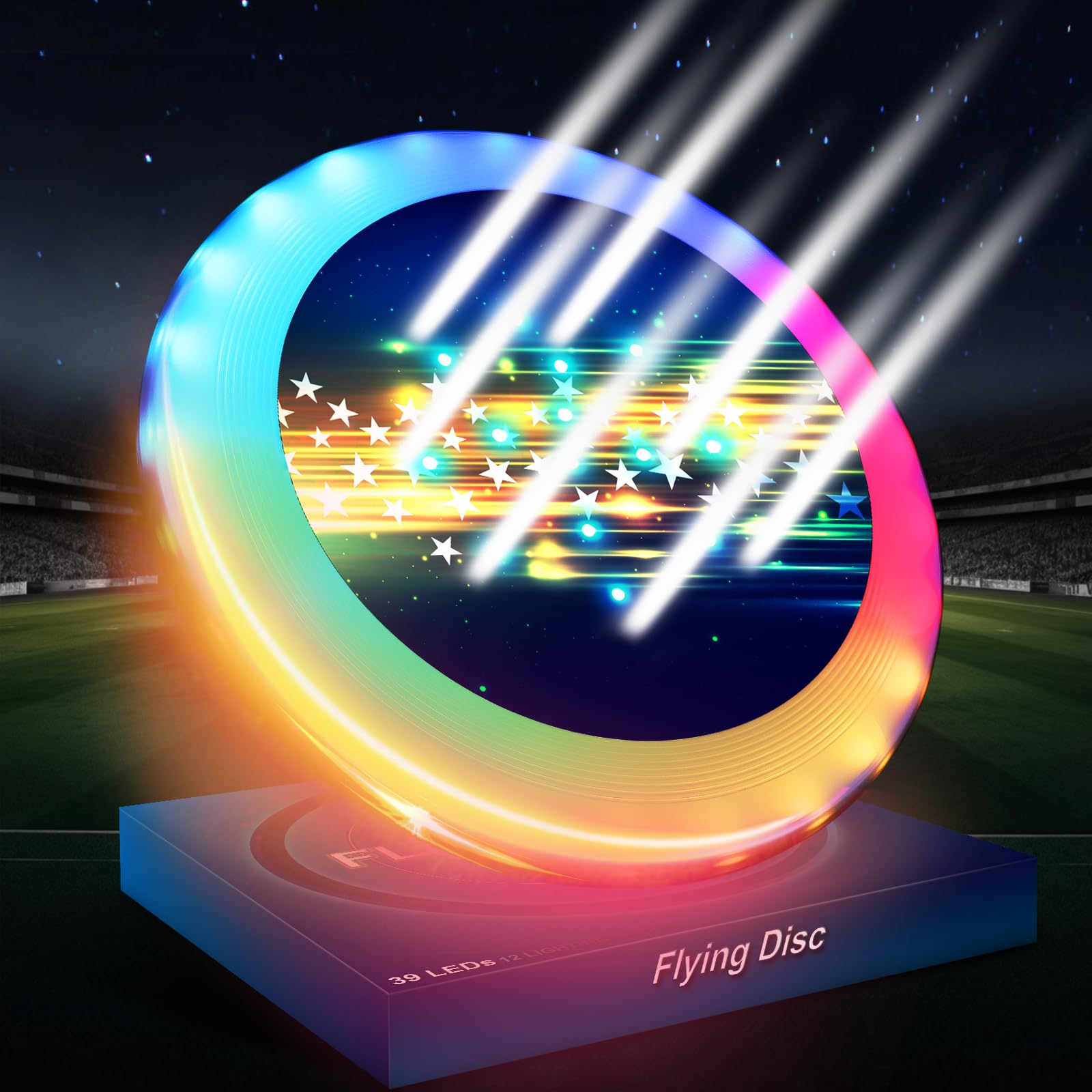 SETOXYX Flying Disc Glow in The Dark - Lighting up Gift for Teen Boy - Flying Disc with 39 LEDs+7 Lighting Modes Changeable - Waterproof Flying Disc Rechargeable - Outdoor Games in Camp Evening Party