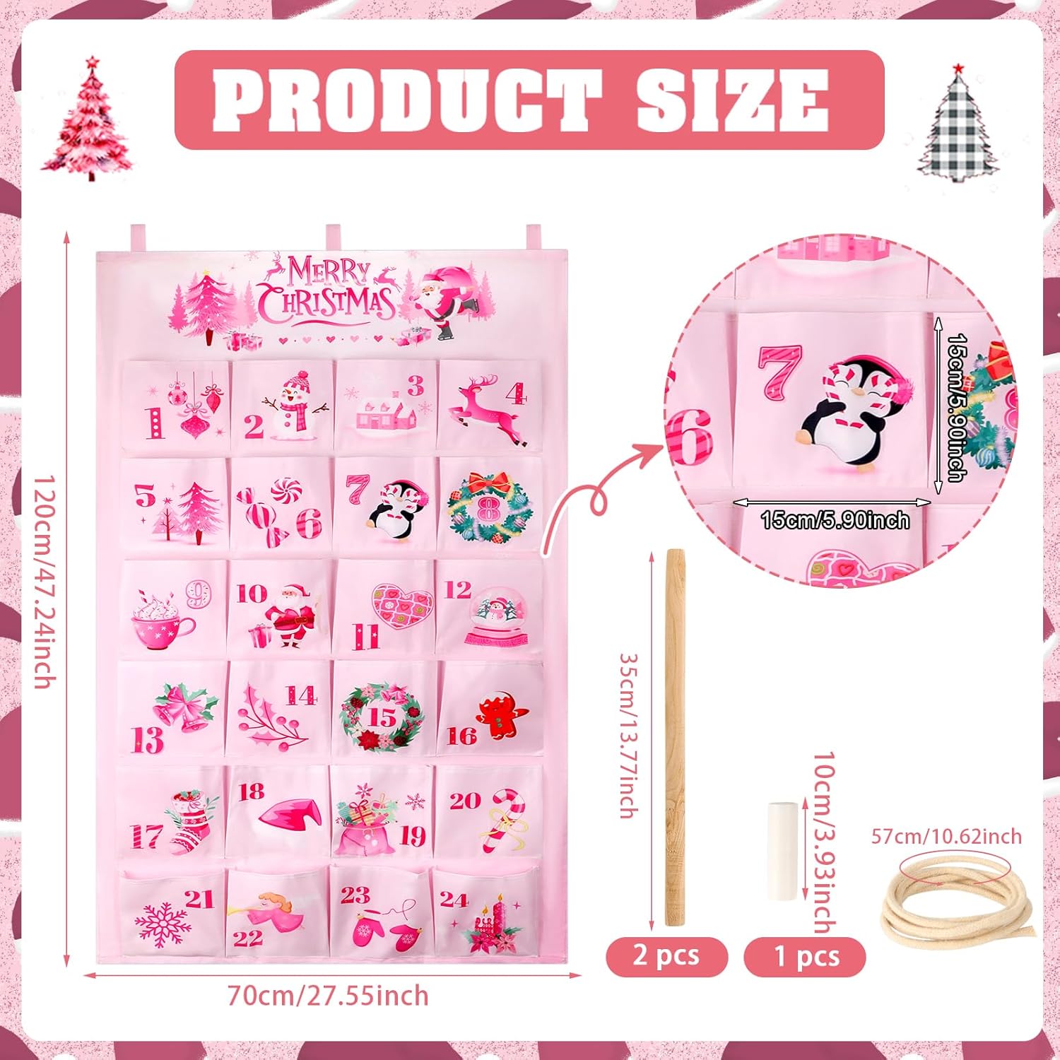 HOWAF Pink Christmas Advent Calendar 2025 (Countdown to Christmas) for Teen Girls and Women Gift, 24 Days Fabric Christmas Countdown Calendar with 24 Pockets for Xmas Holiday Home Wall Decoration