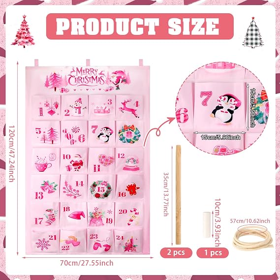 HOWAF Pink Christmas Advent Calendar 2025 (Countdown to Christmas) for Teen Girls and Women Gift, 24 Days Fabric Christmas Countdown Calendar with 24 Pockets for Xmas Holiday Home Wall Decoration