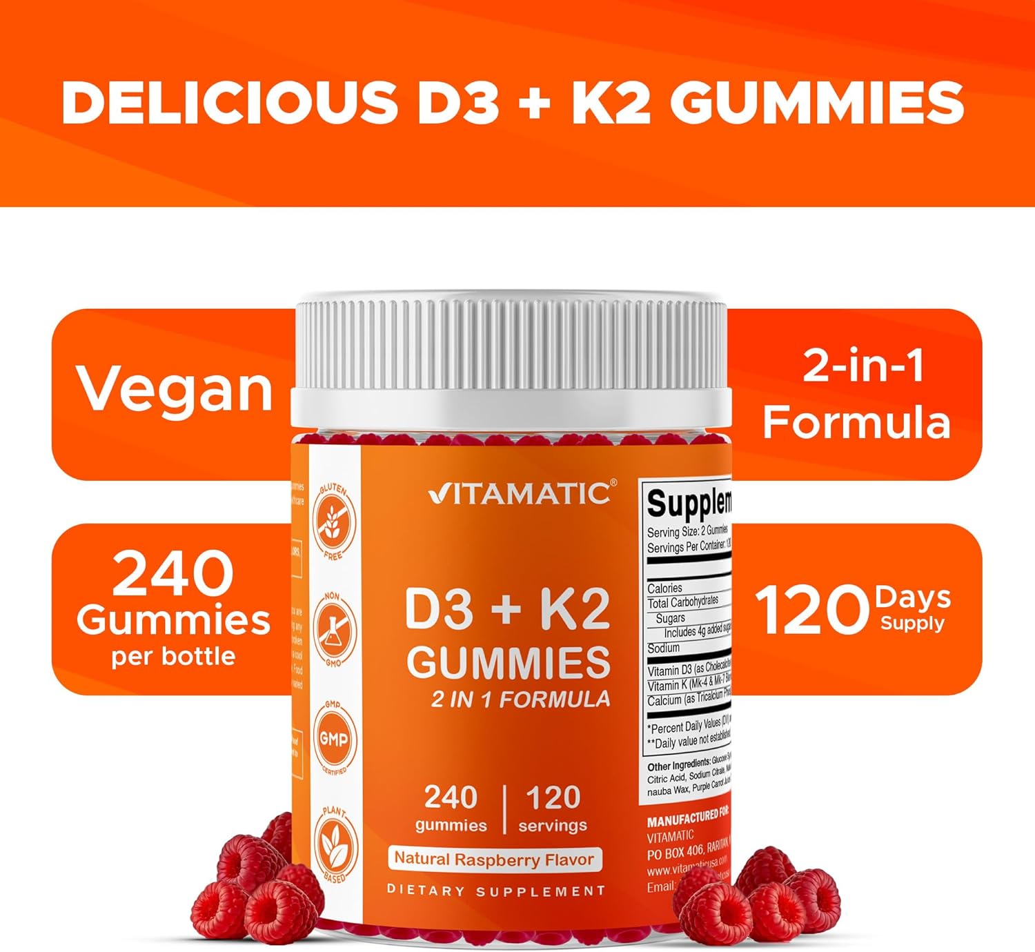 Vitamatic Vitamin D3 K2 with Calcium Gummies - 240 Count - Non-GMO, Gluten Free - Image 4