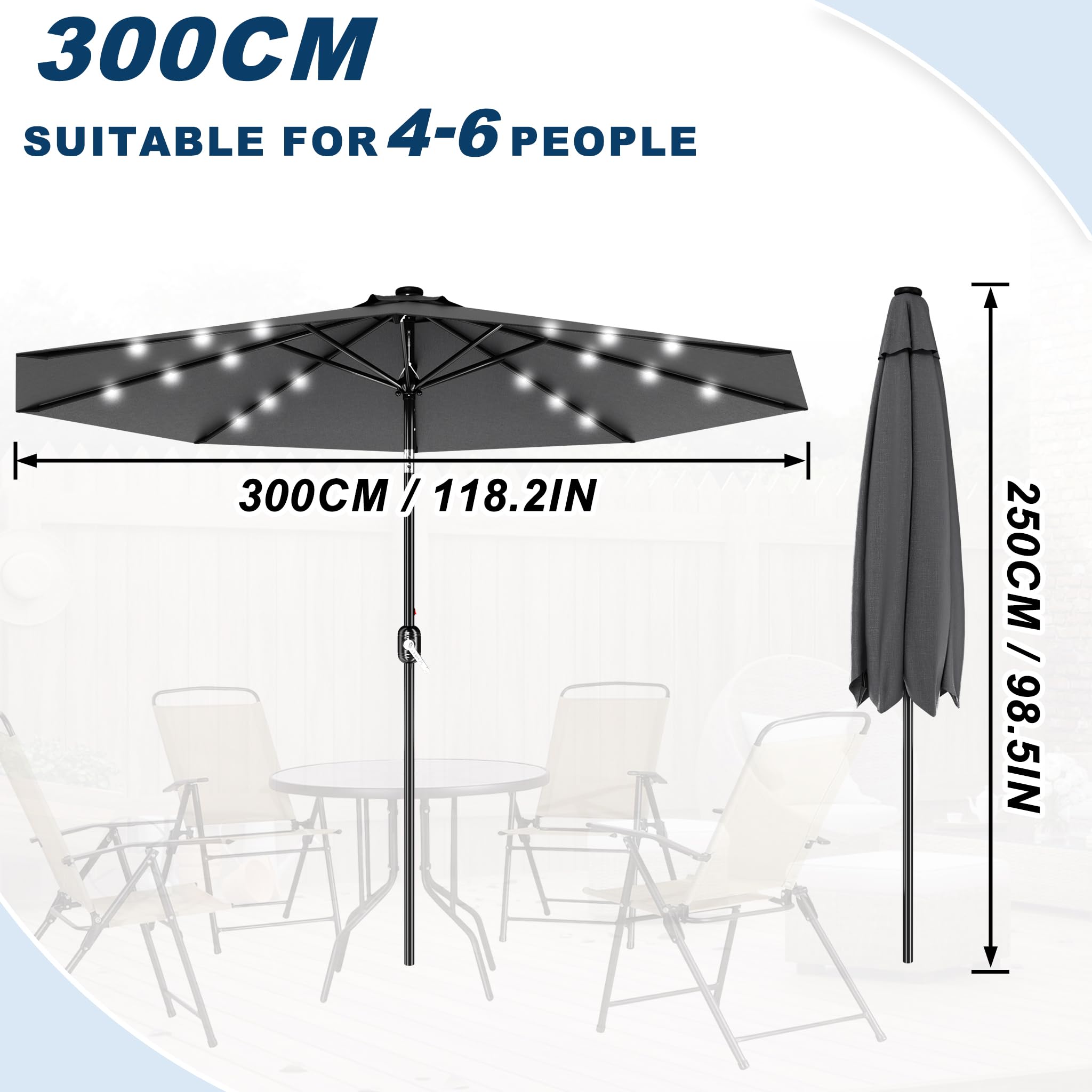 Froadp Sonnenschirm Groß, Achteckiger Strandschirm aus Polyester, Sonnenschutz Gartenschirm mit Regenschirmgriff, Tragbare Gartenschirm für Balkon Terrasse Schwimmbad (mit LED, Dunkelgrau/Beige)