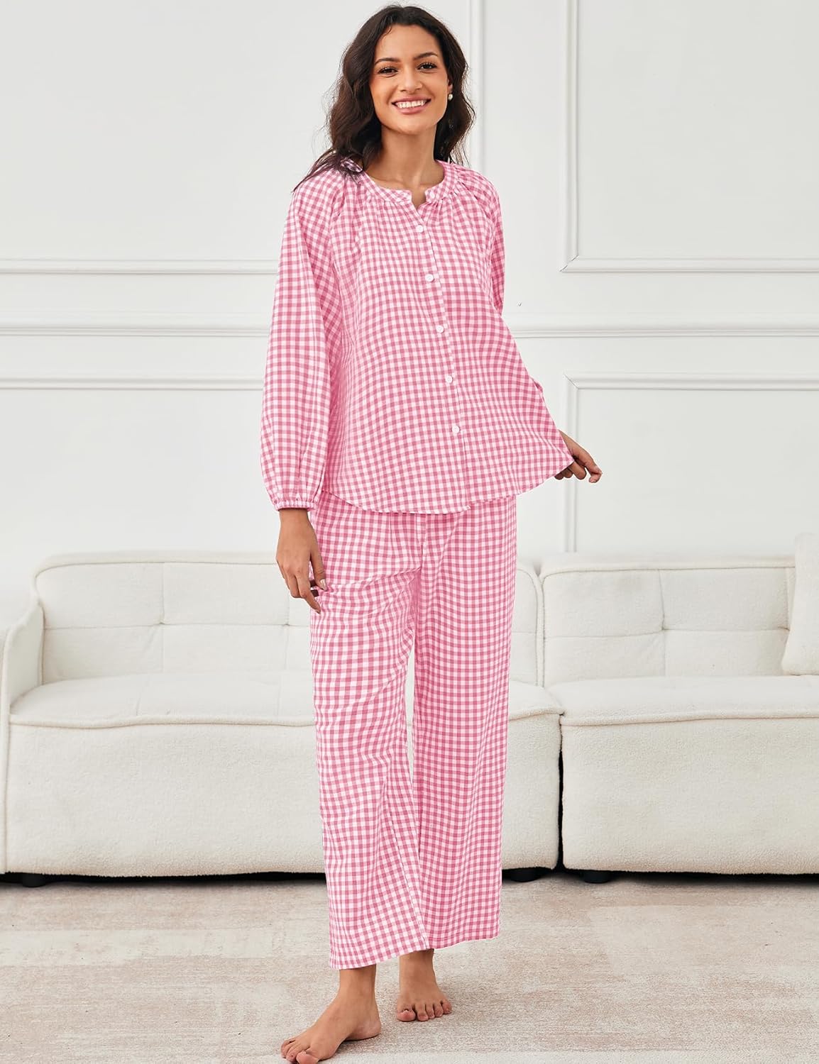 Flygo Womens Gingham Pajama Set 2 Piece Cotton Plaid Raglan Sleeve Button Top Straight Leg Pants Pjs Y2K Lounge Set Sleepwear - Image 2