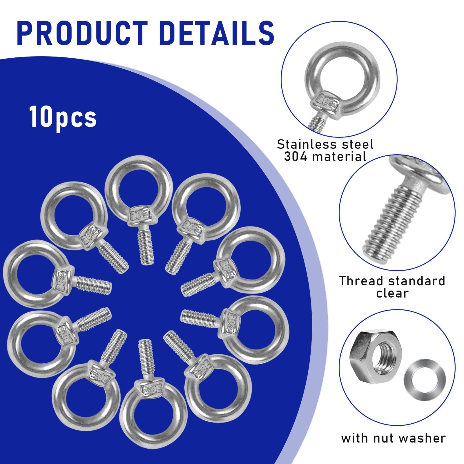 Viti Ad Occhiello M6 In Acciaio Inox - 70 Mm, Per Sospensione E Montaggio, 16 Pezzi, Argento - Foto 4