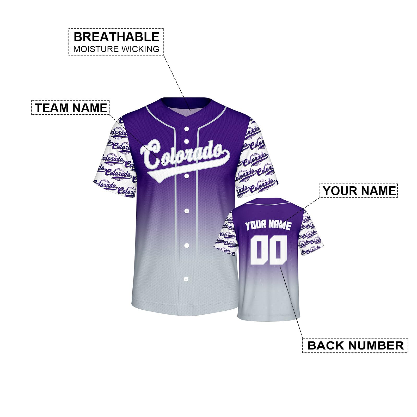 Custom Baseball Jersey Gradient Button Down Baseball Jersey Printed Stitched Name Number Logo Fans Gift for Men Women Youth Kid S-6XL