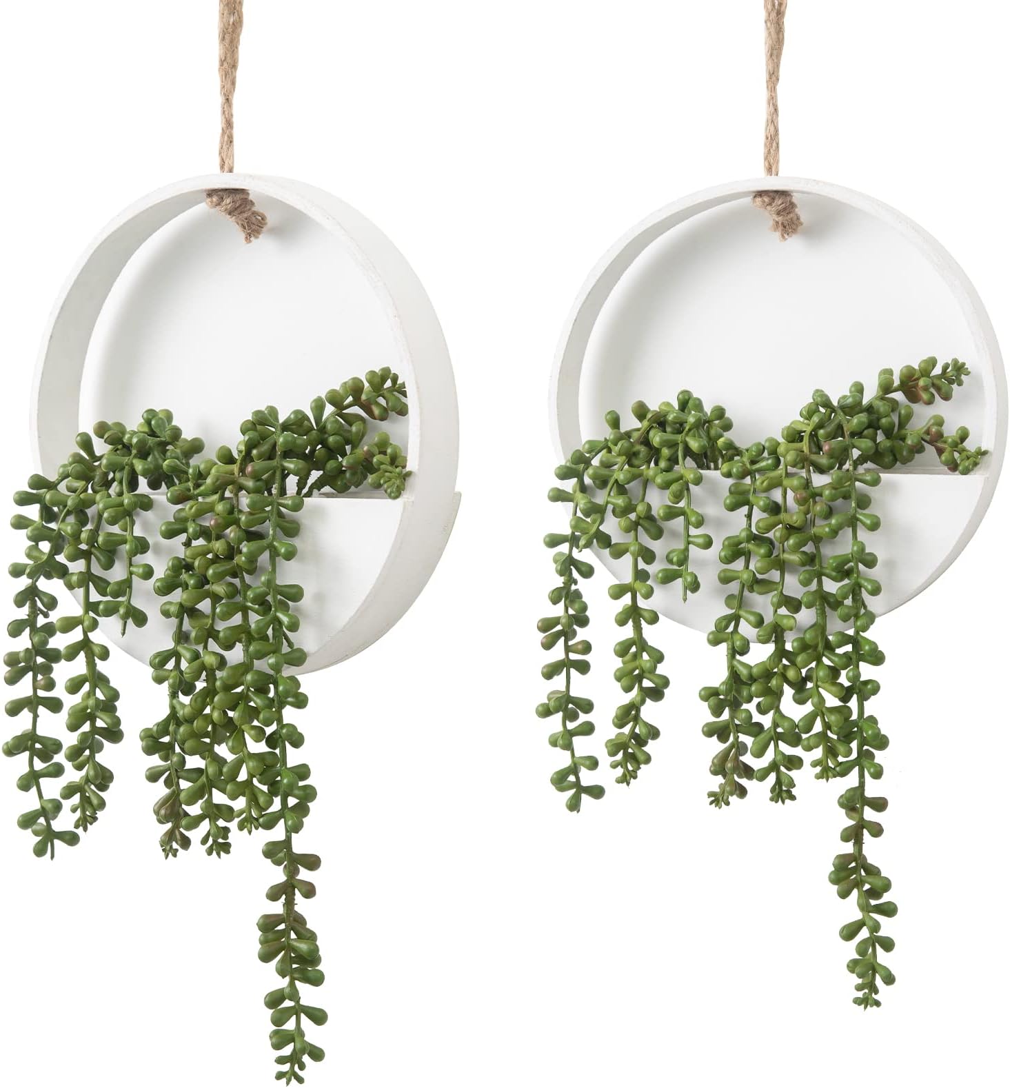 CEWOR 2pcs Artificial Hanging Succulent Plants, Fake String of Pearls in Pot with Lanyard Boho Wall Decor for Bathroom Living Room Home Indoor Outdoor Decorations, White