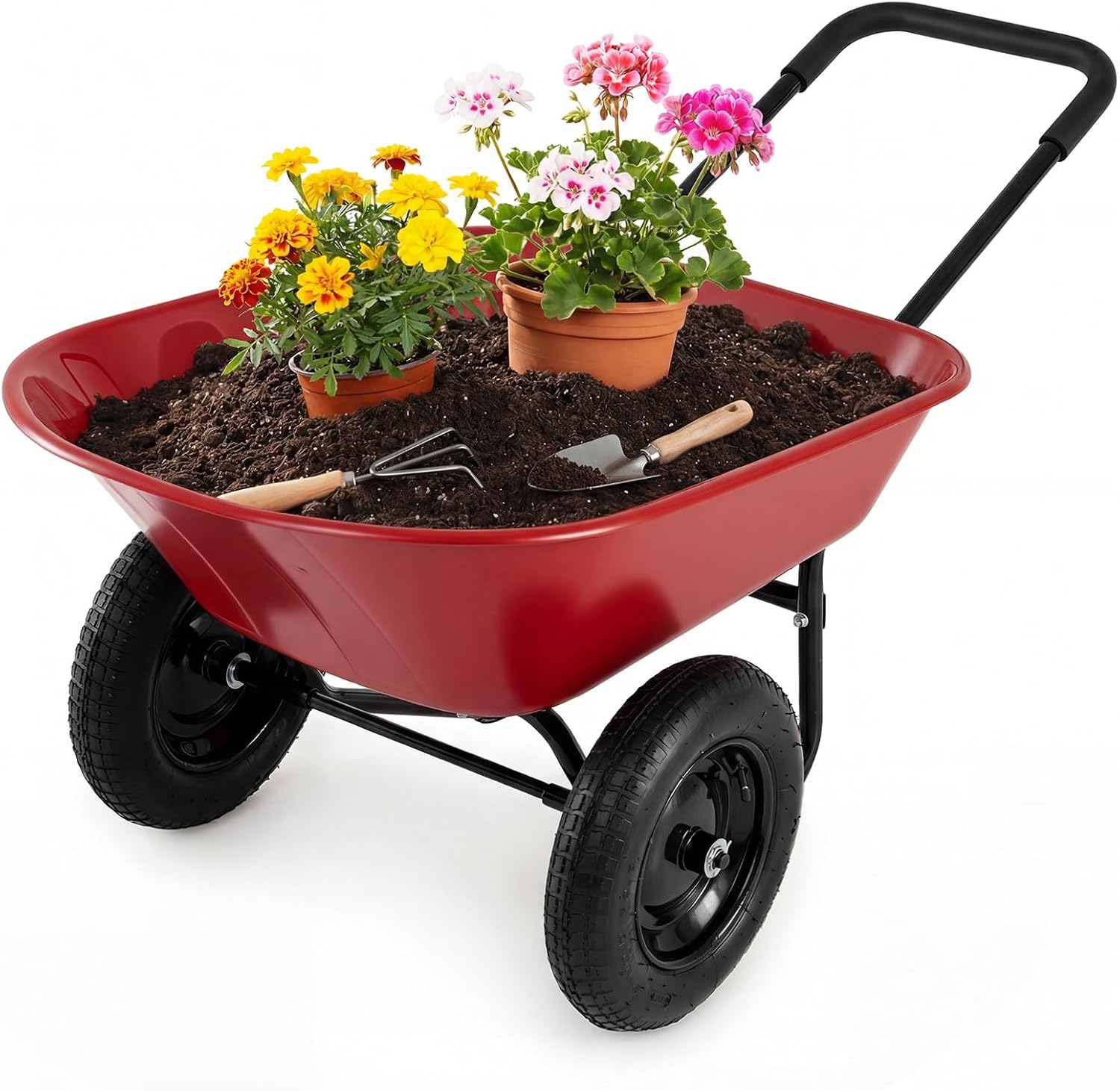 Nightcore Dual-Wheel Wheelbarrow, 330 LBS Heavy Duty Garden Cart for Easy Loading and Dumping, Home Utility Cart for Yard, Lawn, Farm (Red)