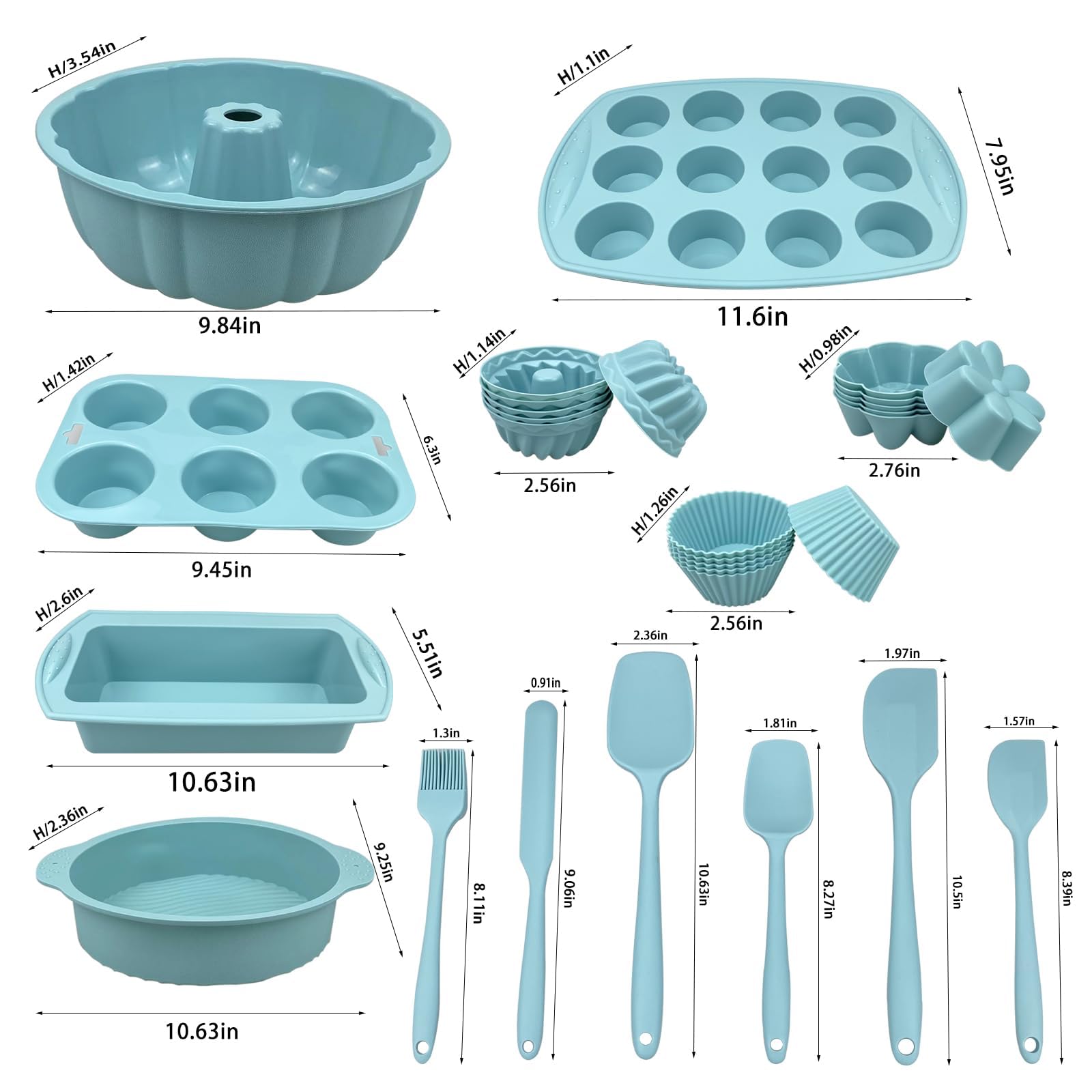 29PCS Nonstick Silicone Baking Set With Bakeable Mini Cake Pans, Bakeware for Oven, Molds and Heat Resistant Spatulas
