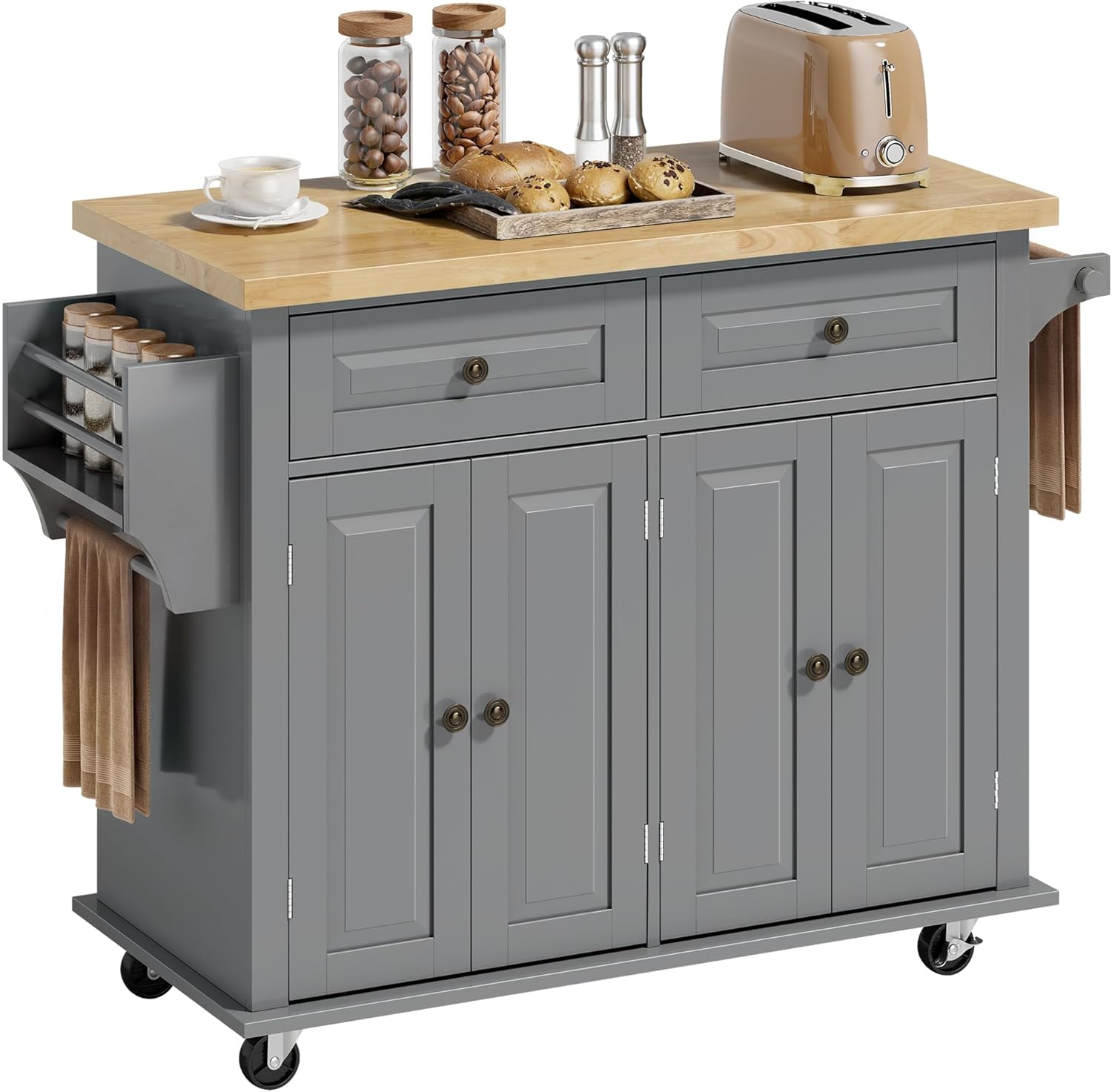 HOMCOM Rolling Kitchen Island Cart w/ Rubberwood Top, Drawers, Adjustable Shelves, Spice Rack & Towel Rack - Gray Mobile Storage