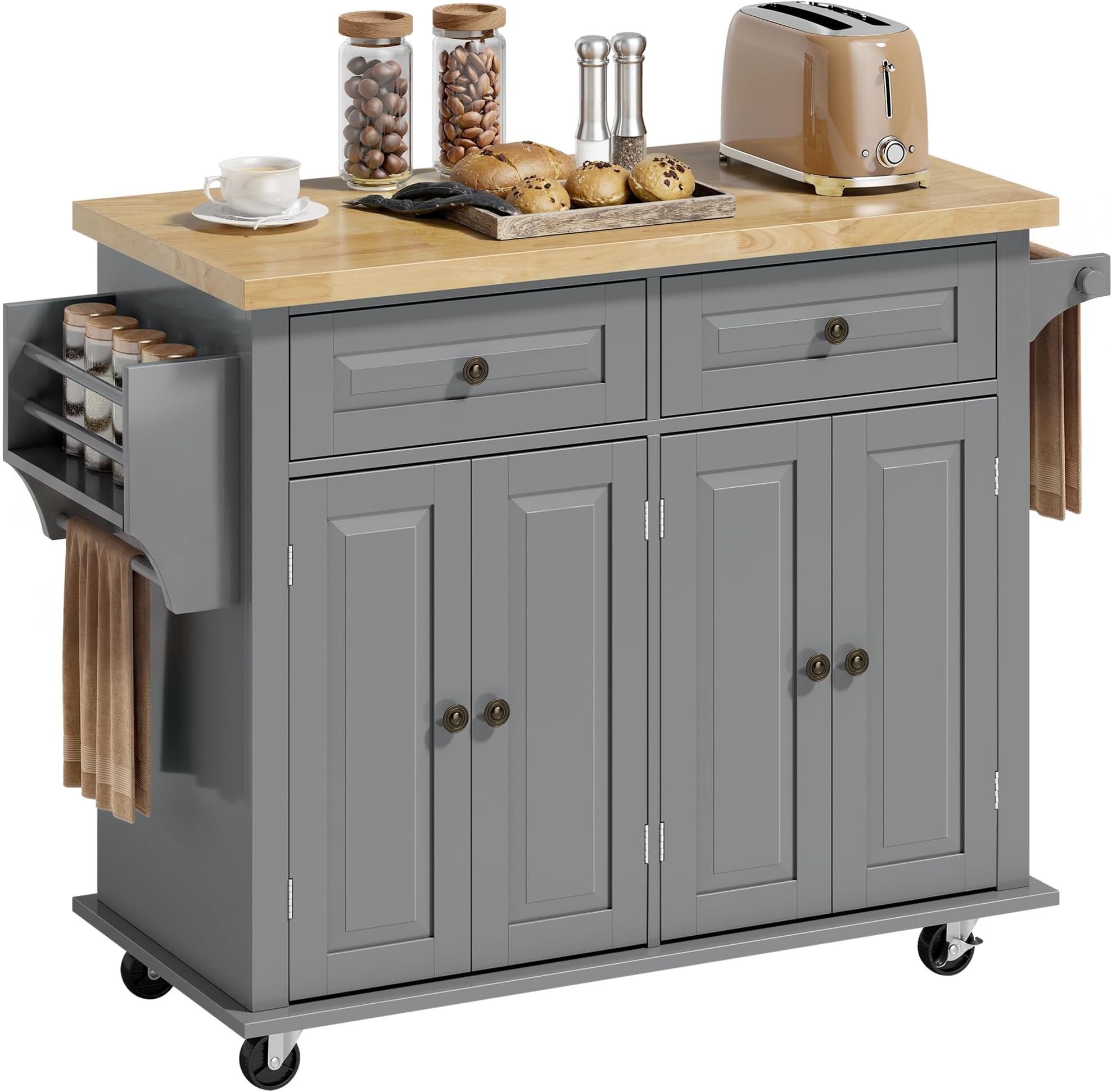 HOMCOM Kitchen Island Cart with Solid Wood Top, 44" Mobile Kitchen Island Table on Wheels with Storage Cabinets, 2 Drawers, Adjustable Shelves, Spice Rack & Towel Bar for Dining Room, Gray