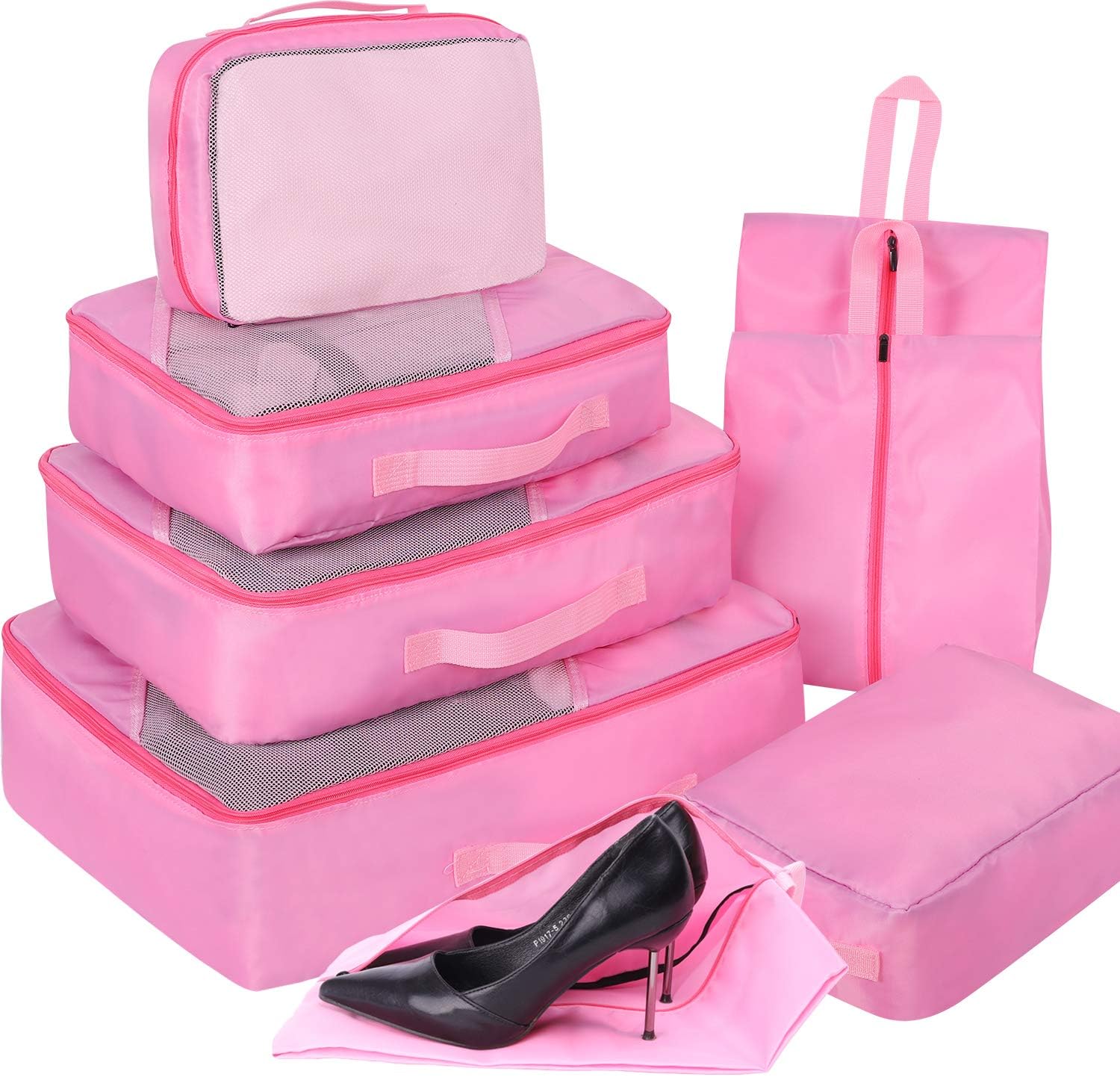 Packing Cubes 7-Piece, Faxsthy Waterproof Suitcase Organiser Luggage Compression Pouches for Travel, Home Storage (Pink)