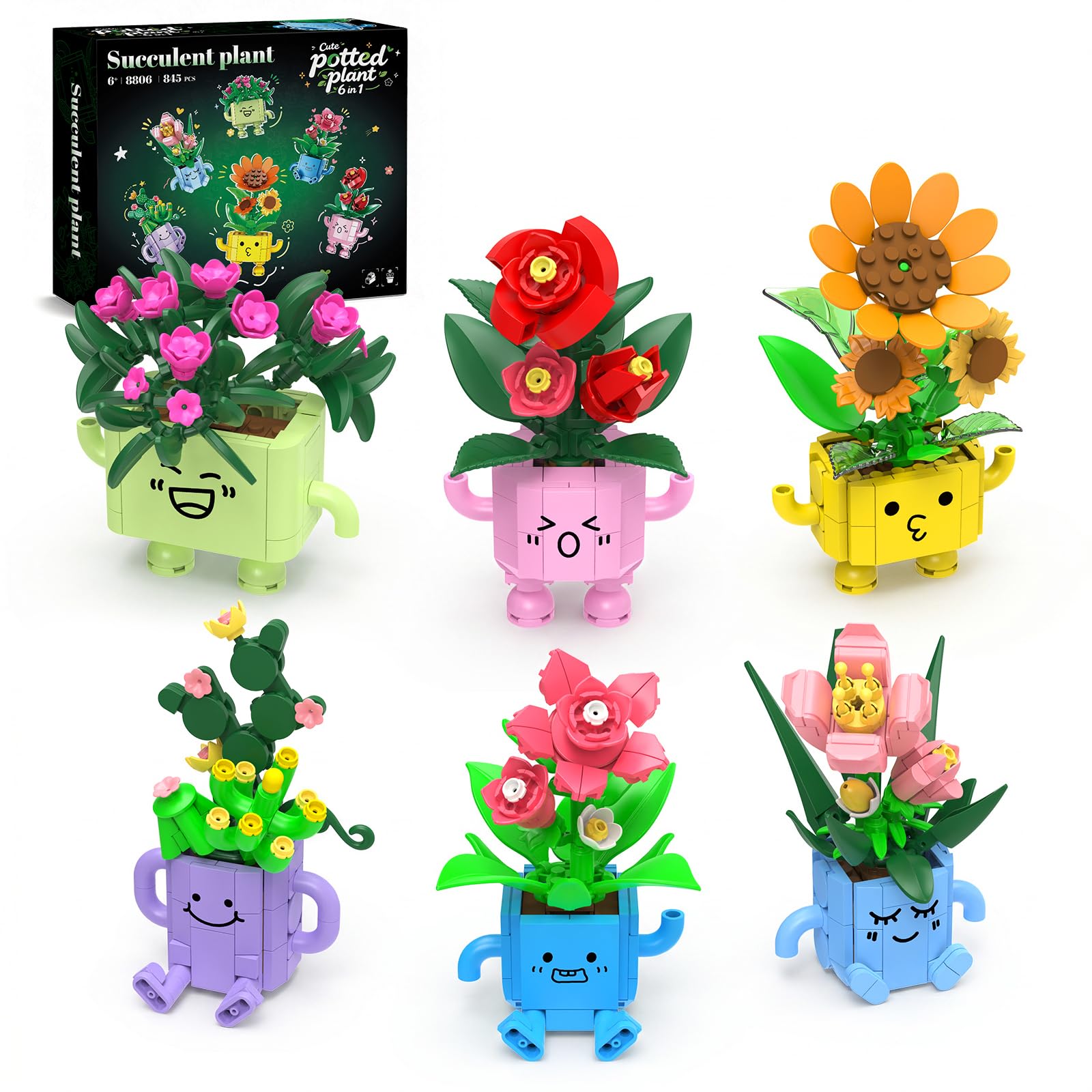 6-in-1 Flowers Building Set for Adults, Cute Potted Plants Building Toys