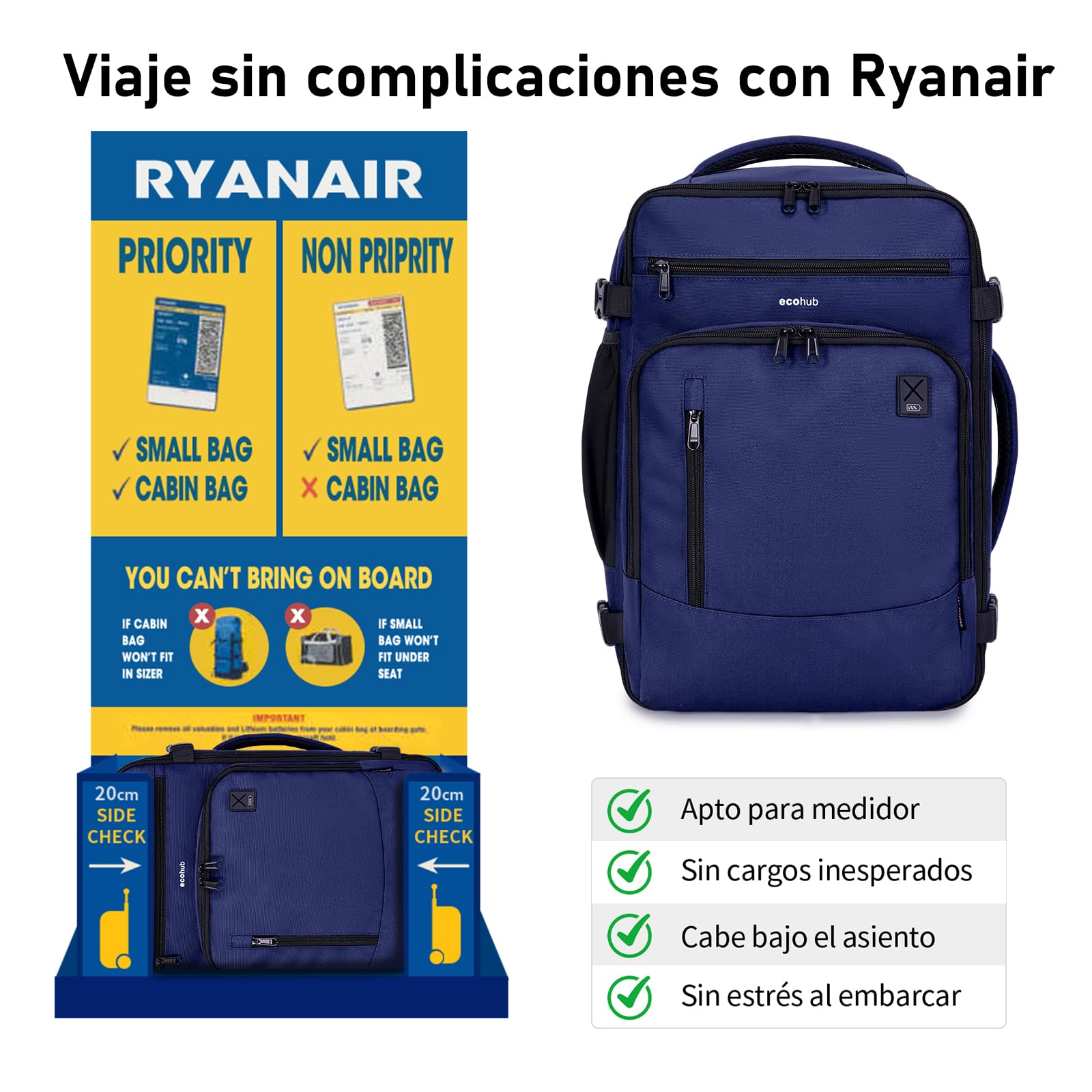 ECOHUB Ryanair Mochila Viaje Cabina Avion 40x20x25 Maletas de Viaje Cabina Bolsa de Viaje Bolso del Ordenador Portátil Maleta de Mano Under Seat Eco PET Mochila para Equipaje de Mano 20L, Marina