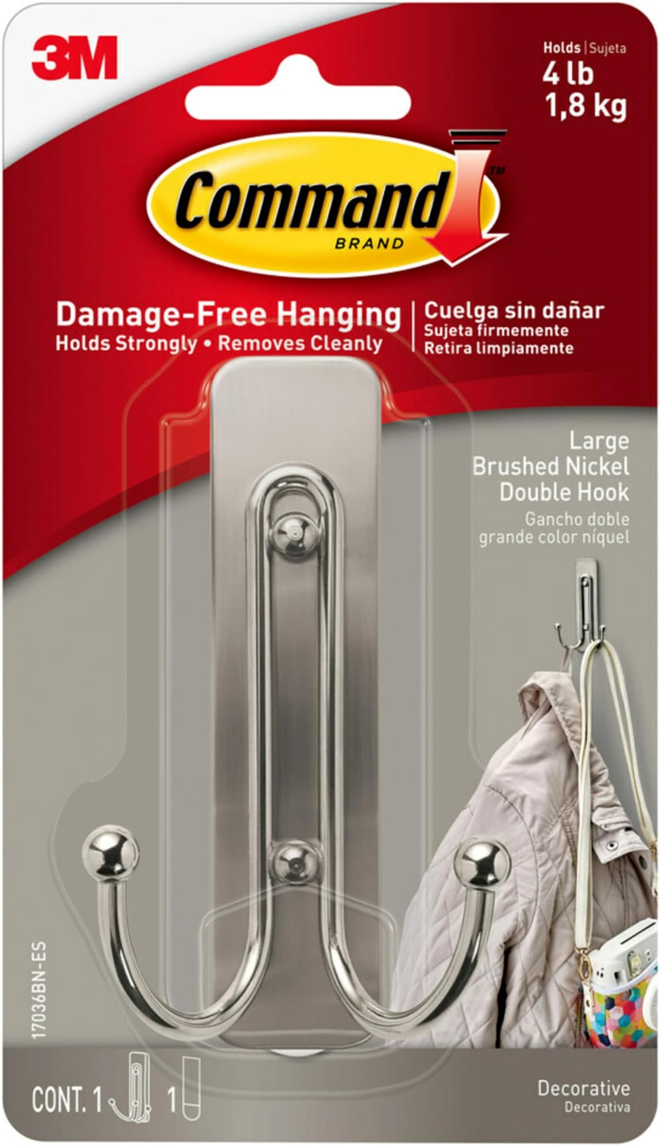 Brushed Nickel Double Decorative Hook for Indoor Use - 1 Metal Large Hook and 1 Adhesive Strip - Hang Jackets, Purses, Handbags, Hats, Scarves, Dog Leads - Organise Damage Free