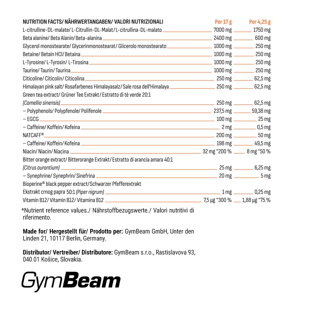 GymBeam Asap Pre-Workout Premium - Pre Allenamento Con Caffeina NATCAFF® - Integratore Pre Workout Pump Con 14 Sostanze Attive, Citrullina, Tè Verde, Niacina, Vitamina B12 (425 g, Arancia)