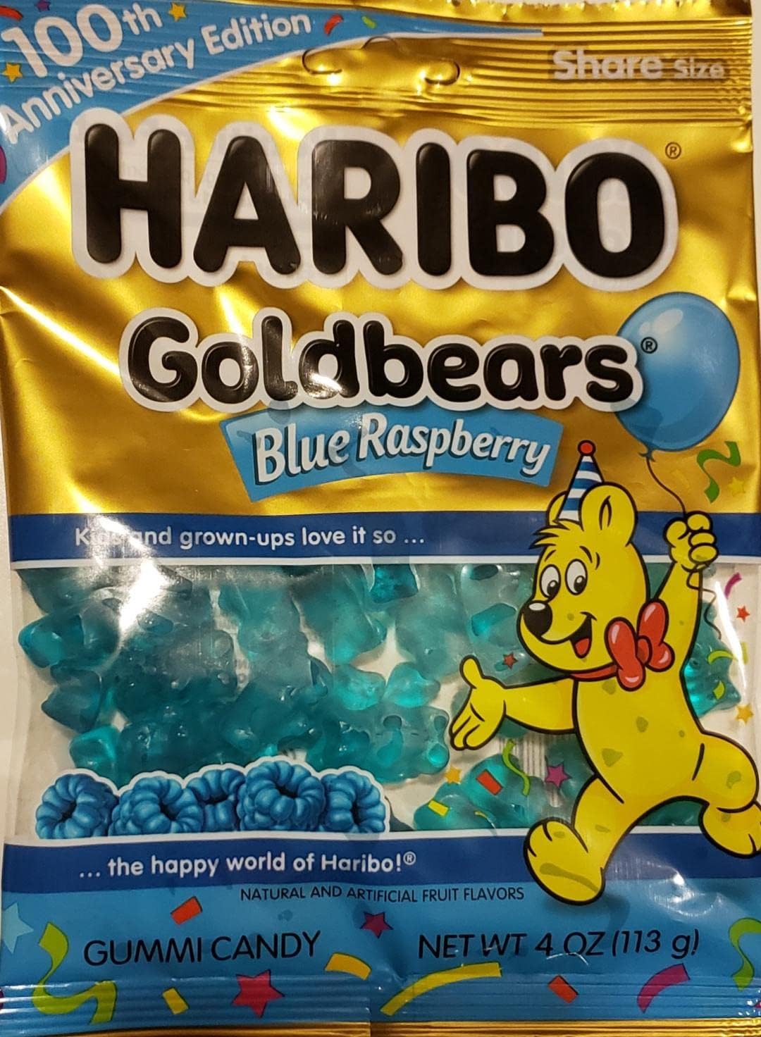 Haribo Goldbears ALL Blue Raspberry 100th Anniversary LIMITED EDITION Net Wt.4oz (113g) Share Size Gummy Bears Candy
