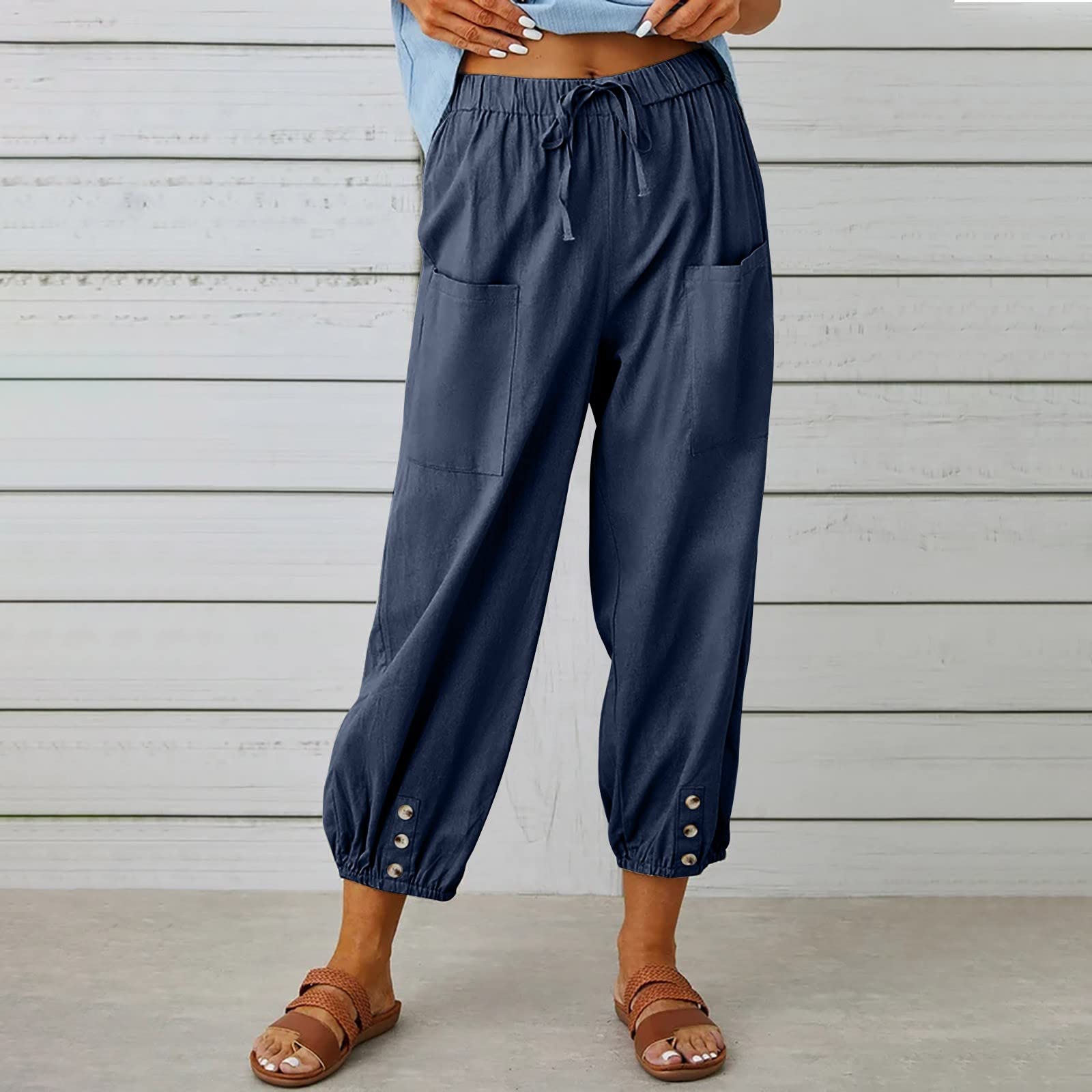 SKTIISN Leinenhose Damen Summer Bequeme Hose Leinenhose Blaue Satin Shose Klettverschluss Straight Bein Lange Hosen Stoffhose Leinenhose Damen Baumwollhose Pluderhose