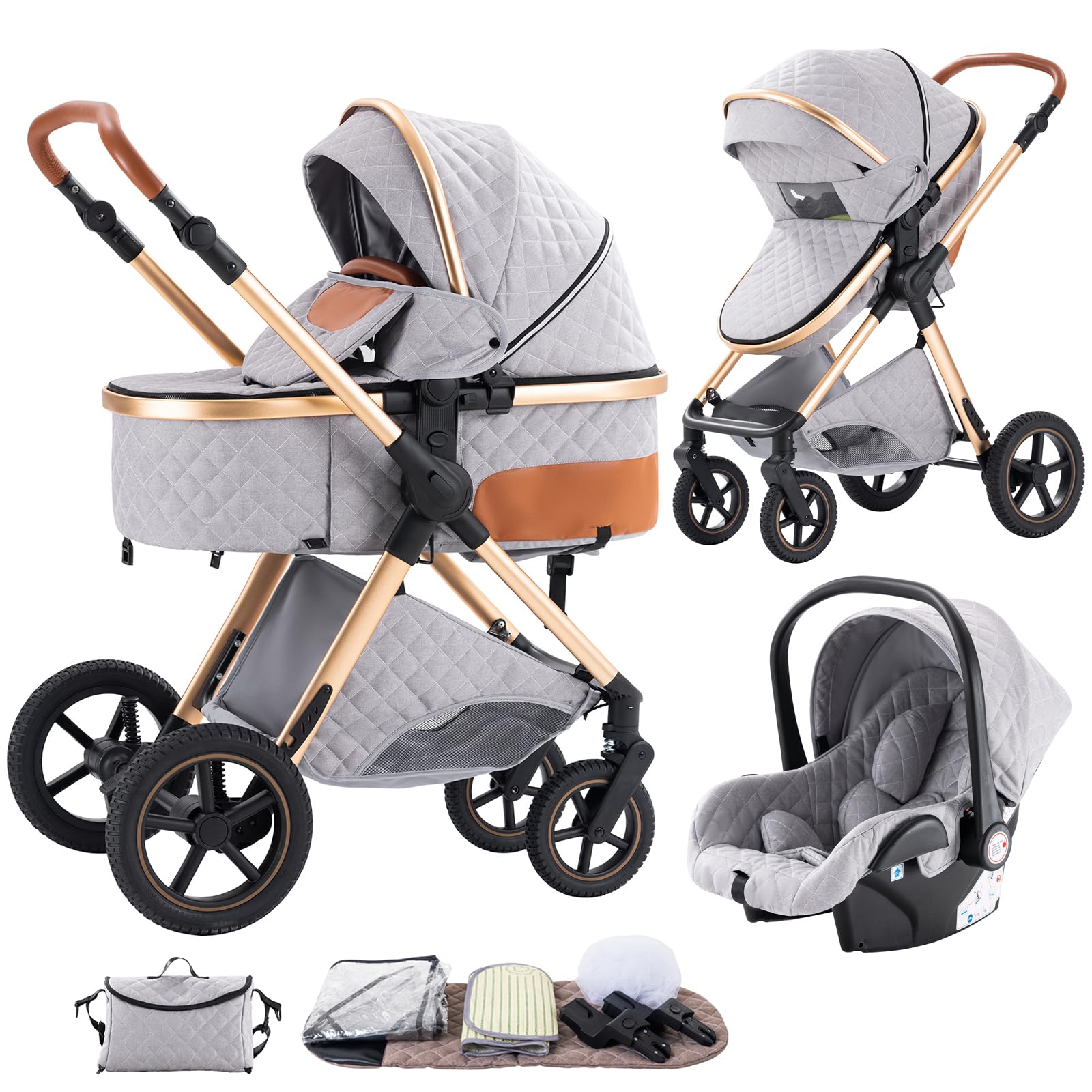 Shineey 3 in 1 Baby Stroller with Height Adjustable Handle,3 in 1 Prams Travel System, Lightweight Foldable Pushchair, Prams with Aluminum Frame for Portable Baby Carriage
