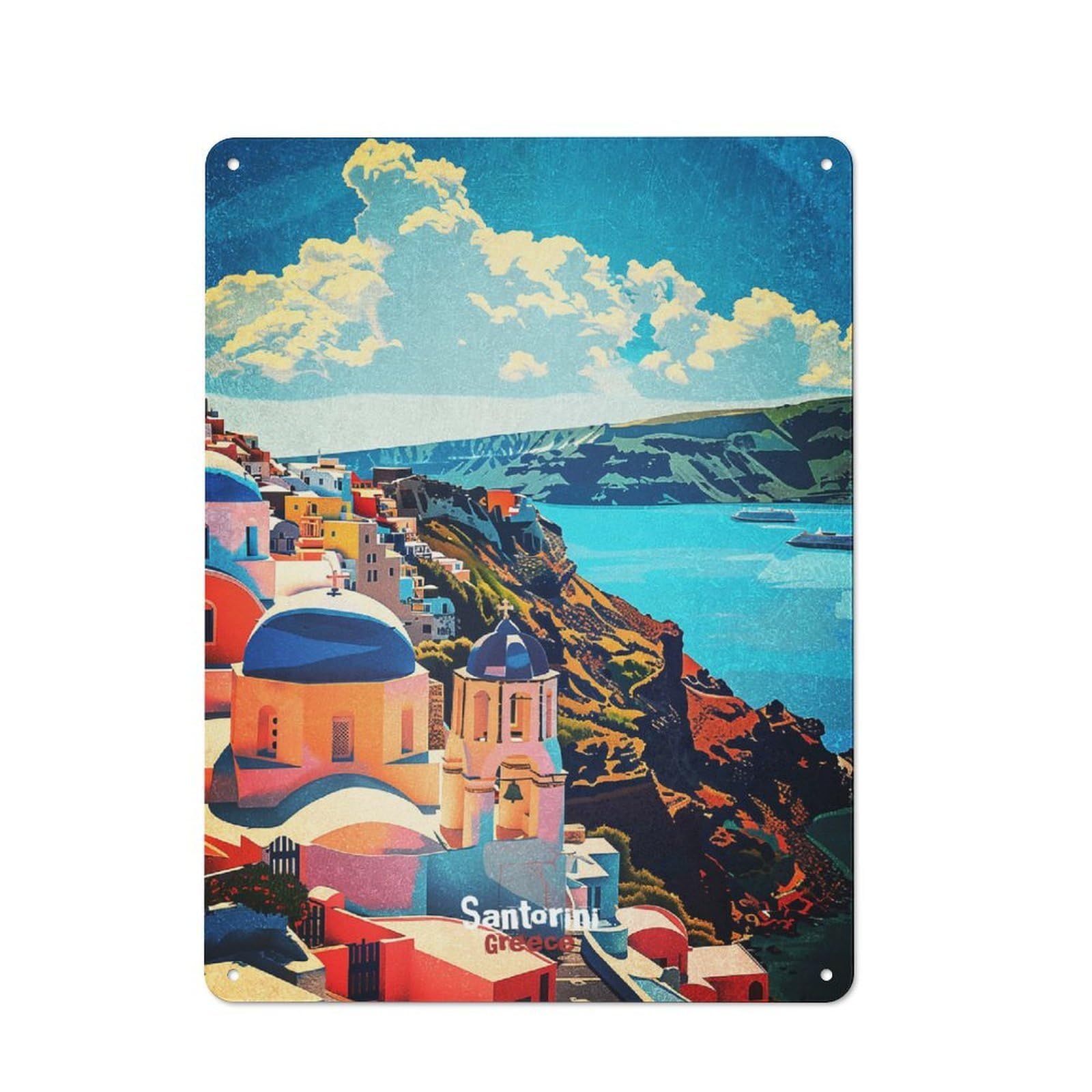 Junmoney Style-9 Santorini Greece Vintage Travel Rustic Metal Sign 40X30cm For Garden Room Or Summerhouse, For Themed Interiors In Garden Rooms And Summerhouses