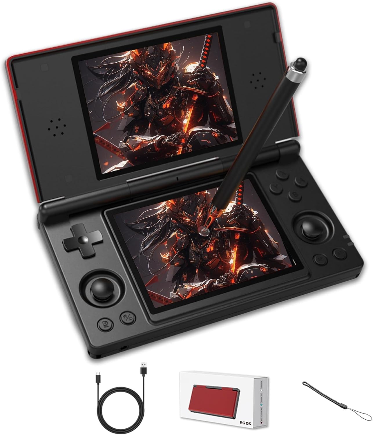 RG DS Retro Games Console with Capacitive Stylus Retro Handheld Game Console,Android 14,Foldable 4 inch Dual-Screen Handheld Games Consoles,2.4+5G WIFI&Bluetooth 4.2,4000mAh Battery(Black and Red)