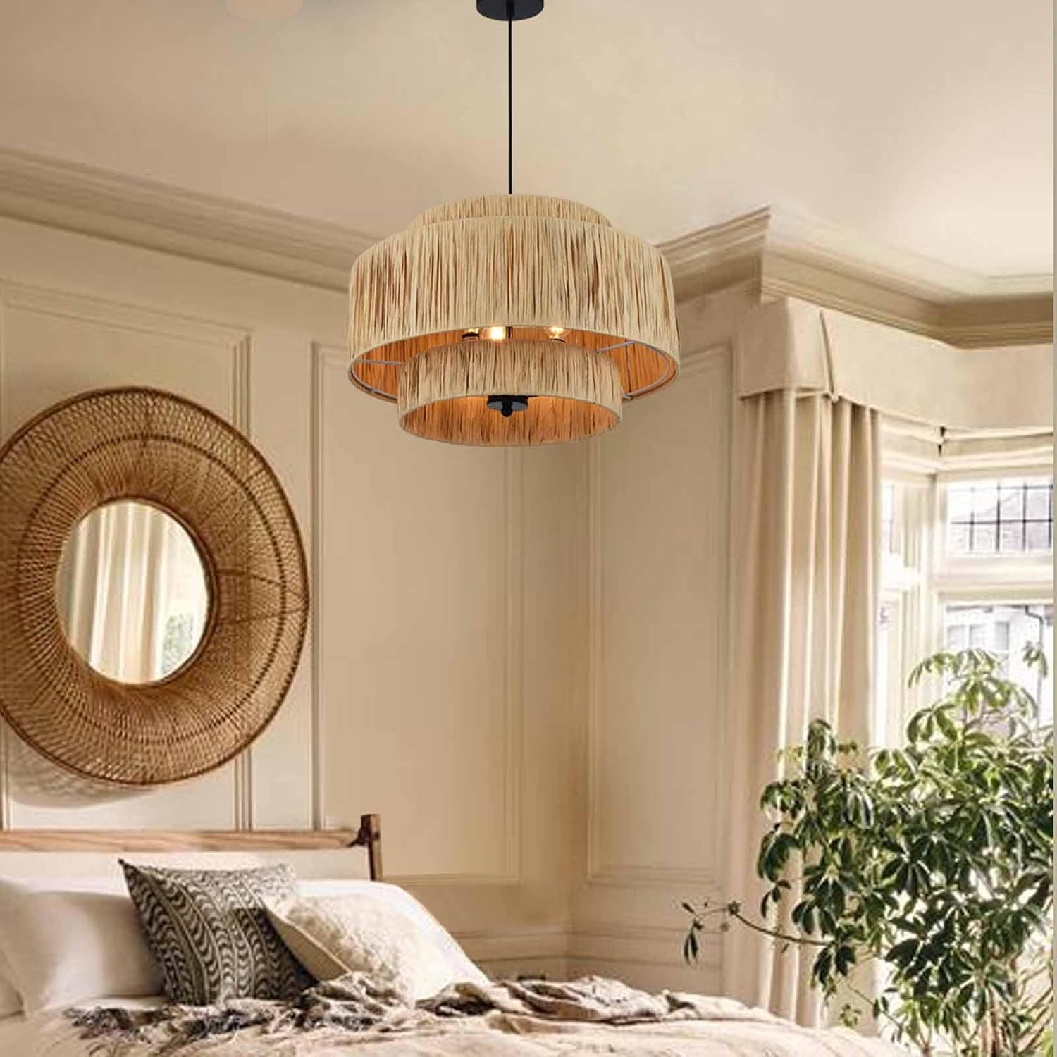 Maxax 3-Light Boho Chandelier, Natural Paper Rope Hanging Pendant Light, 3-Tiered Farmhouse Ceiling Light Fixture with Raffia Paper Shade for Bedroom, Dining Room, Living Room