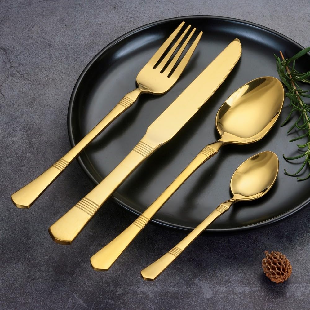 Besteckset aus Edelstahl, 20-teilig, bunt, mit horizontal gestreiftem Griff, Besteckset mit Steakmesser, Gabel, Löffel und Teelöffel für Küche und Esszimmer (Silber)