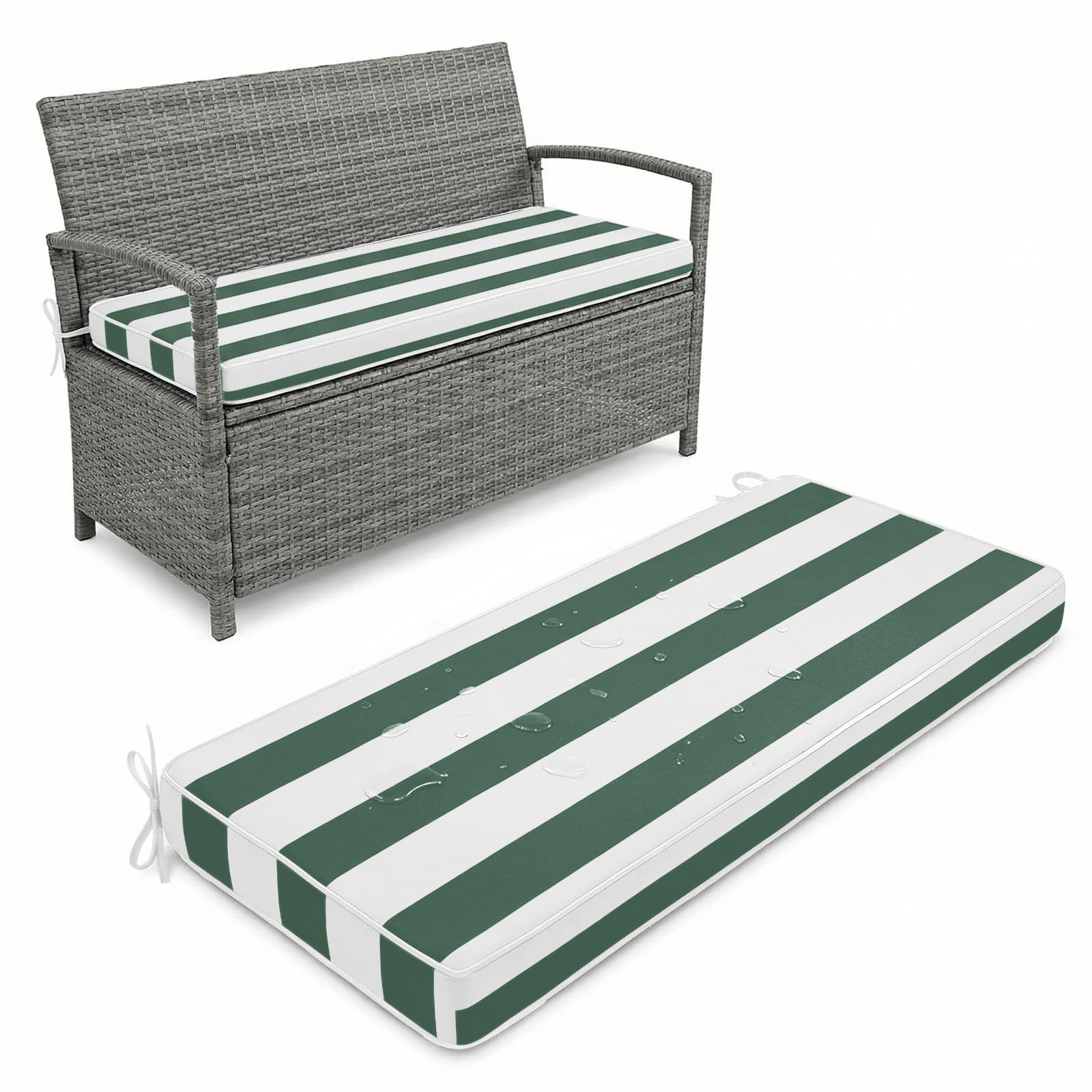 Waterproof 2/3/4 Seater Bench Cushion 145x35cm Indoor Outdoor Comfortable Extra Thick 5cm Garden Bench Rattan Cushion Pad with Removable Cover for Patio Lawn with Double Piping,Olive Green Striped — image 1