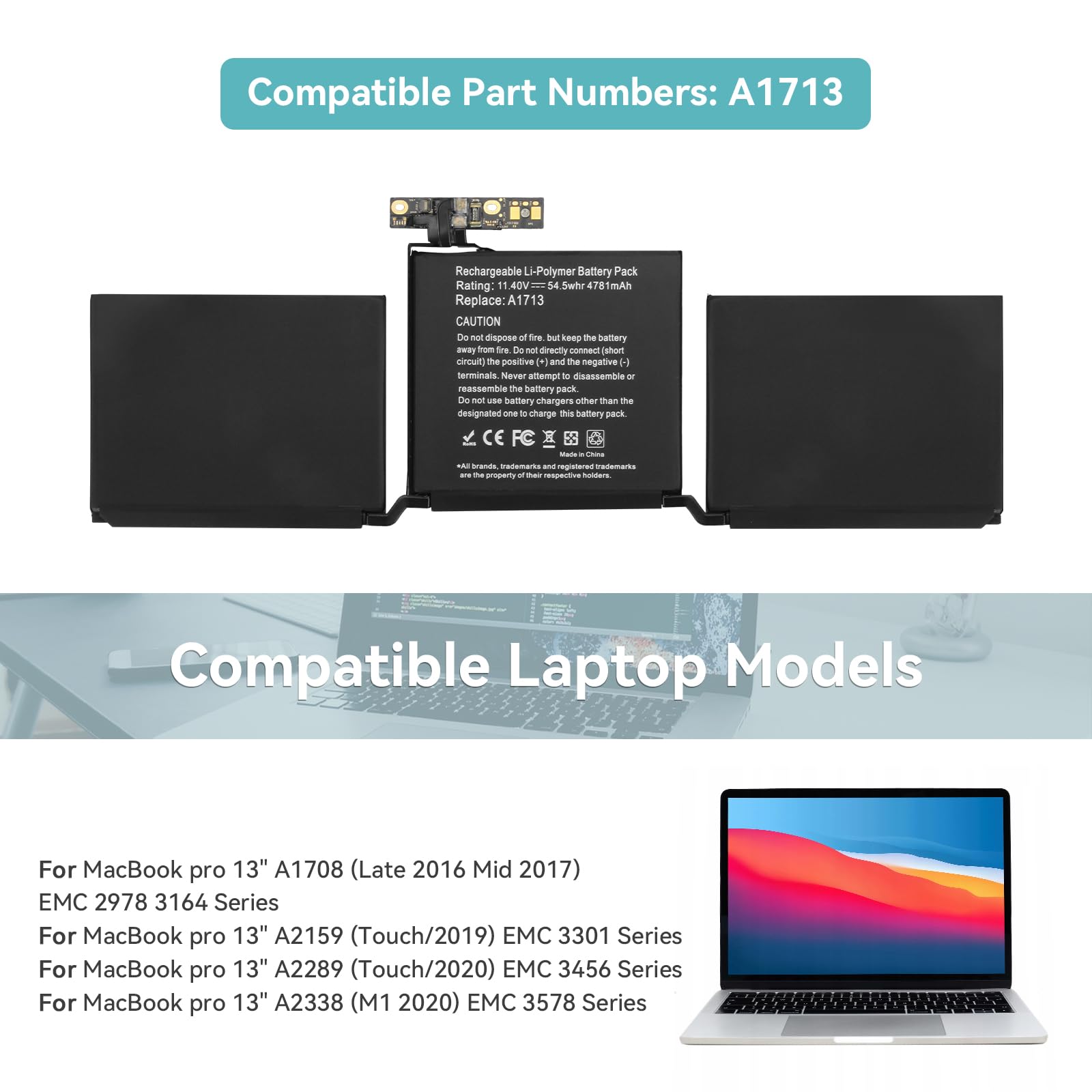 A1713 A2171 Batería para Mac-Book Pro 13" A1708(Late 2016 Mid 2017) A2159 (Touch Bar 2019) A2289 (Touch/2020) A2338(M1 2020/M2 2022) EMC 3164 2978 3301 3456 3578 8162 MacBookPro15,4 MacBookPro16,3