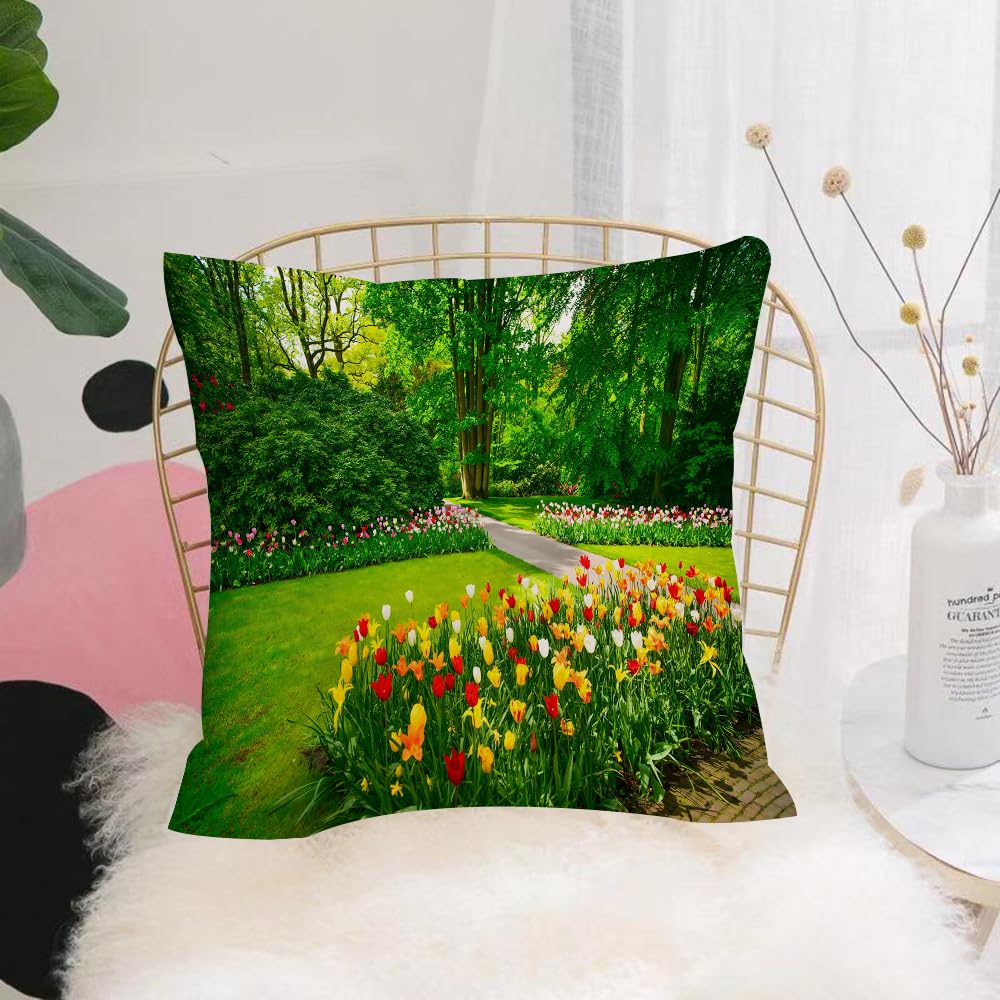 HYOSXW Cushion Cover,Throw Pillow Case Home Decorative for Living Room Bedroom Sofa Chair 16X16 Inch,Garden in Keukenhof tulip flowers and trees on background in spring. Netherland,Pillowcase 40X40cm