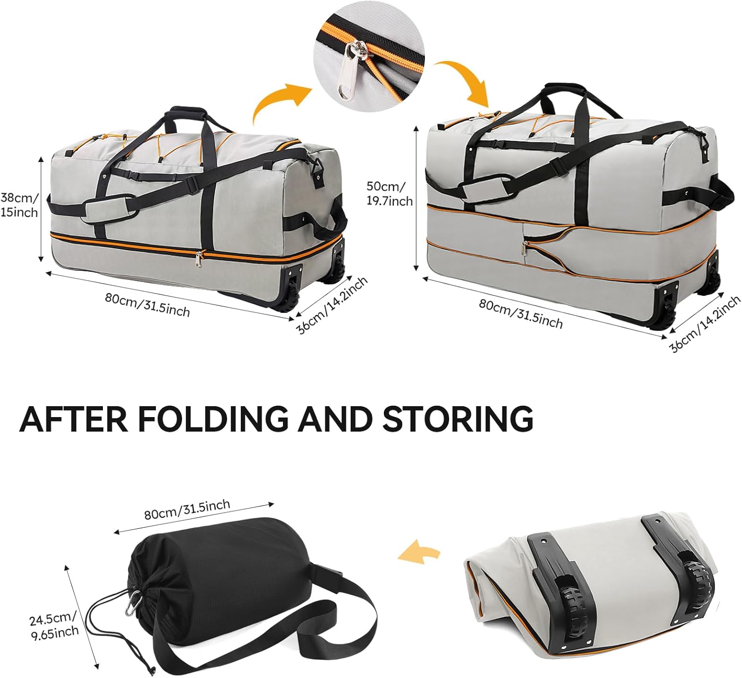 CONTAIL 32-Inch Rolling Duffle Bag, Expandable 110L-140L Capacity, Soft-Sided Foldable Design with Dual Wheels, No Traditional Telescoping Handle, for Travel, Business, Camping,Grey - Image 2