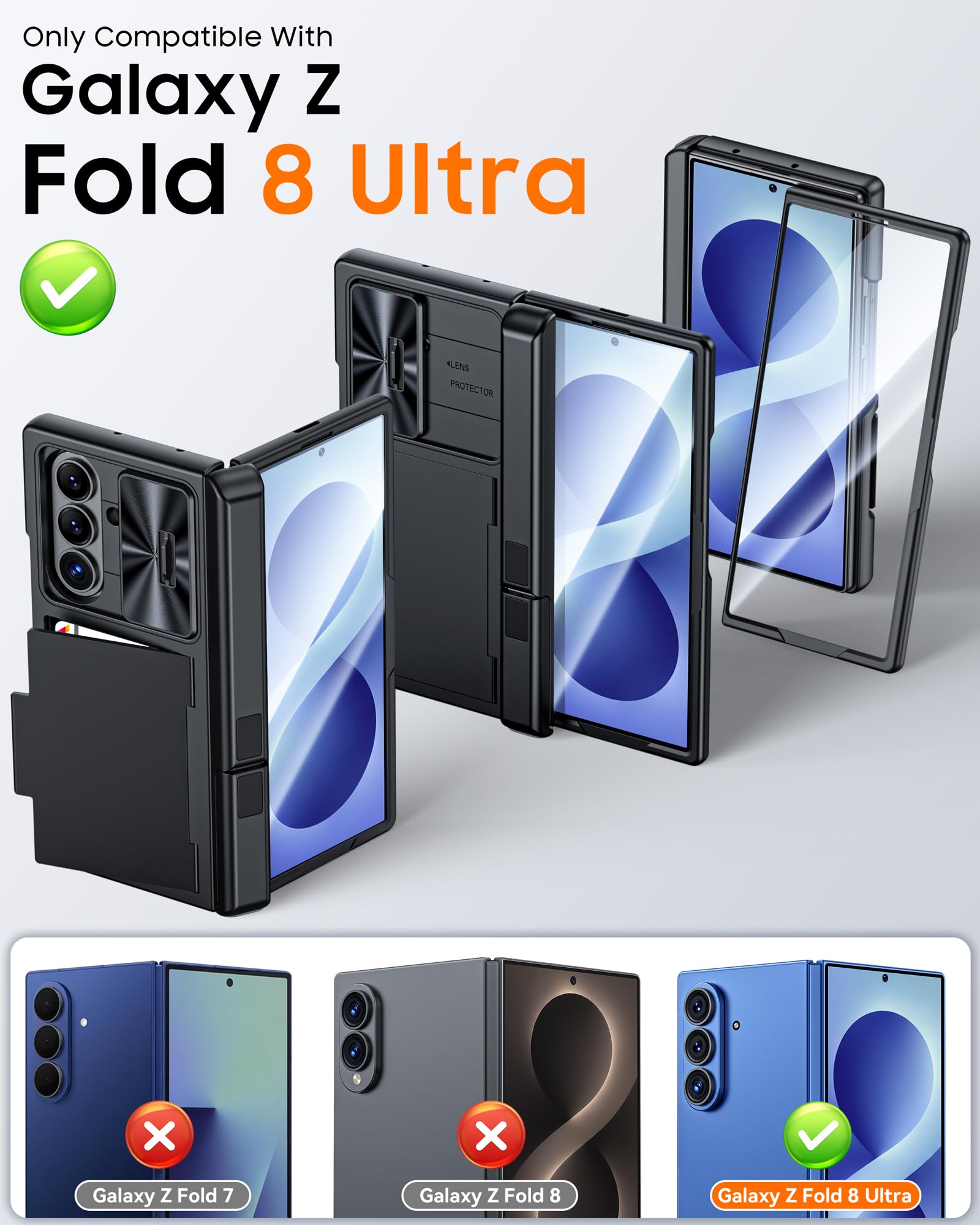 Vizvera Custodia per Samsung Galaxy Z Fold 8 Ultra 2026 con porta carte e supporto RFID, pellicola protettiva in vetro temperato HD, copertura per fotocamera scorrevole, protezione per cerniera