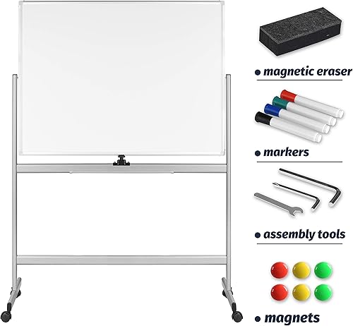 Miniatura 5 de INNOVART Pizarra blanca móvil de 96 x 48 pulgadas, pizarra magnética de borrado en seco de doble cara reversible de 360 con soporte rodante portátil