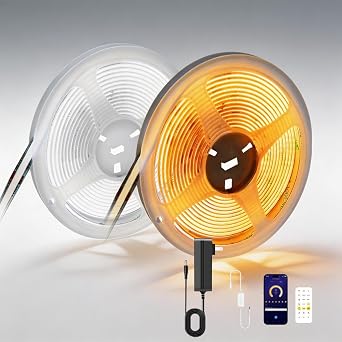 COB LED Strip Lights 65.6ft, Tunable White CCT Warm White to Cool White LED Strip, DC24V Tape Light, CRI92+, Bluetooth App Control, Dimmable Strips for Bedroom, Office, DIY Lighting.