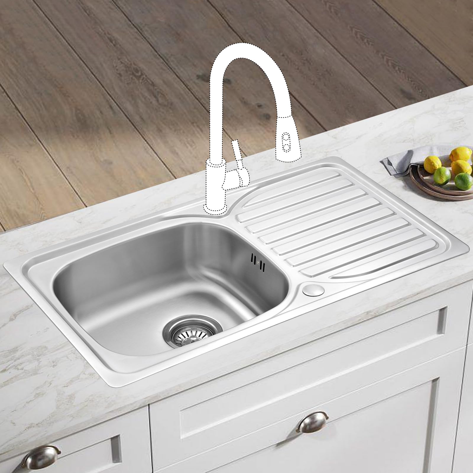 JASSFERRY Fregadero de cocina un seno, de Acero Inoxidable, escurridor reversible, con colador de residuos