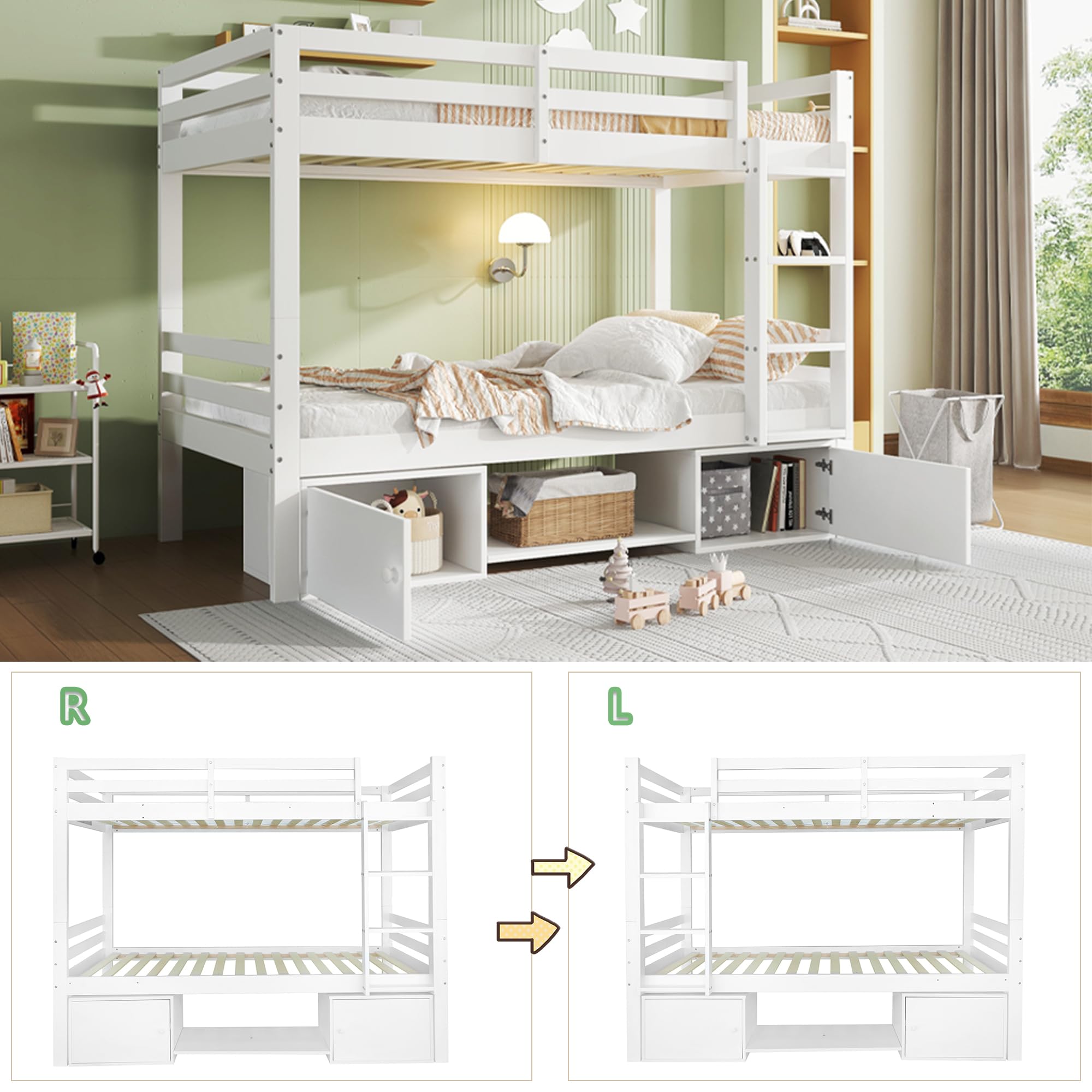 90x200cm, cuna con zapateros y taquillas, cama dividida en 2 camas individuales, cama juvenil, cama individual, blanco