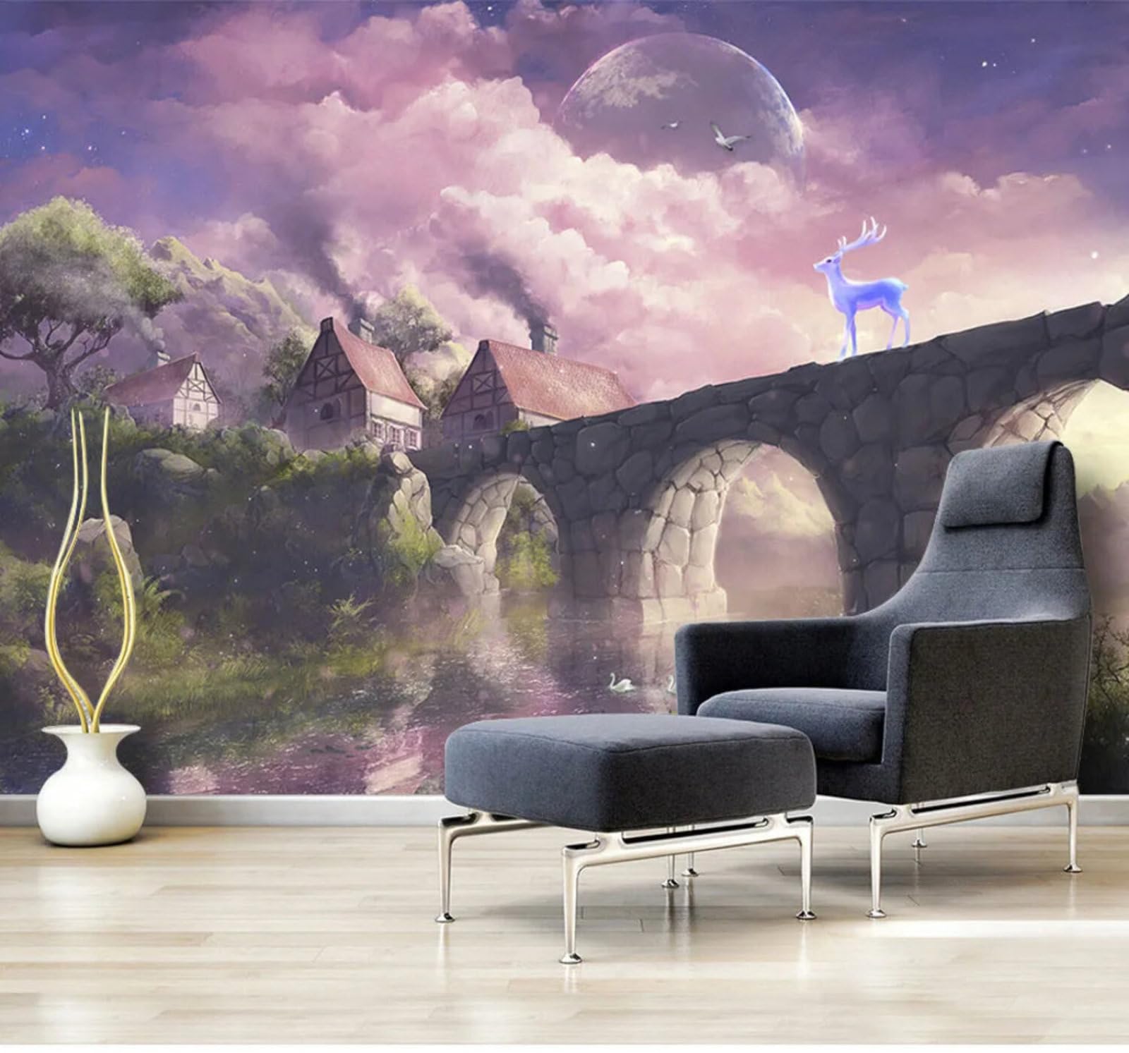 Ethereal Dreamlike Starry Sky Houses Reindeer Scenery 3D Wallpaper Easy Install Feature Office Living Room Sofa Bedroom TV Background Wall Decoration-200cm×140cm