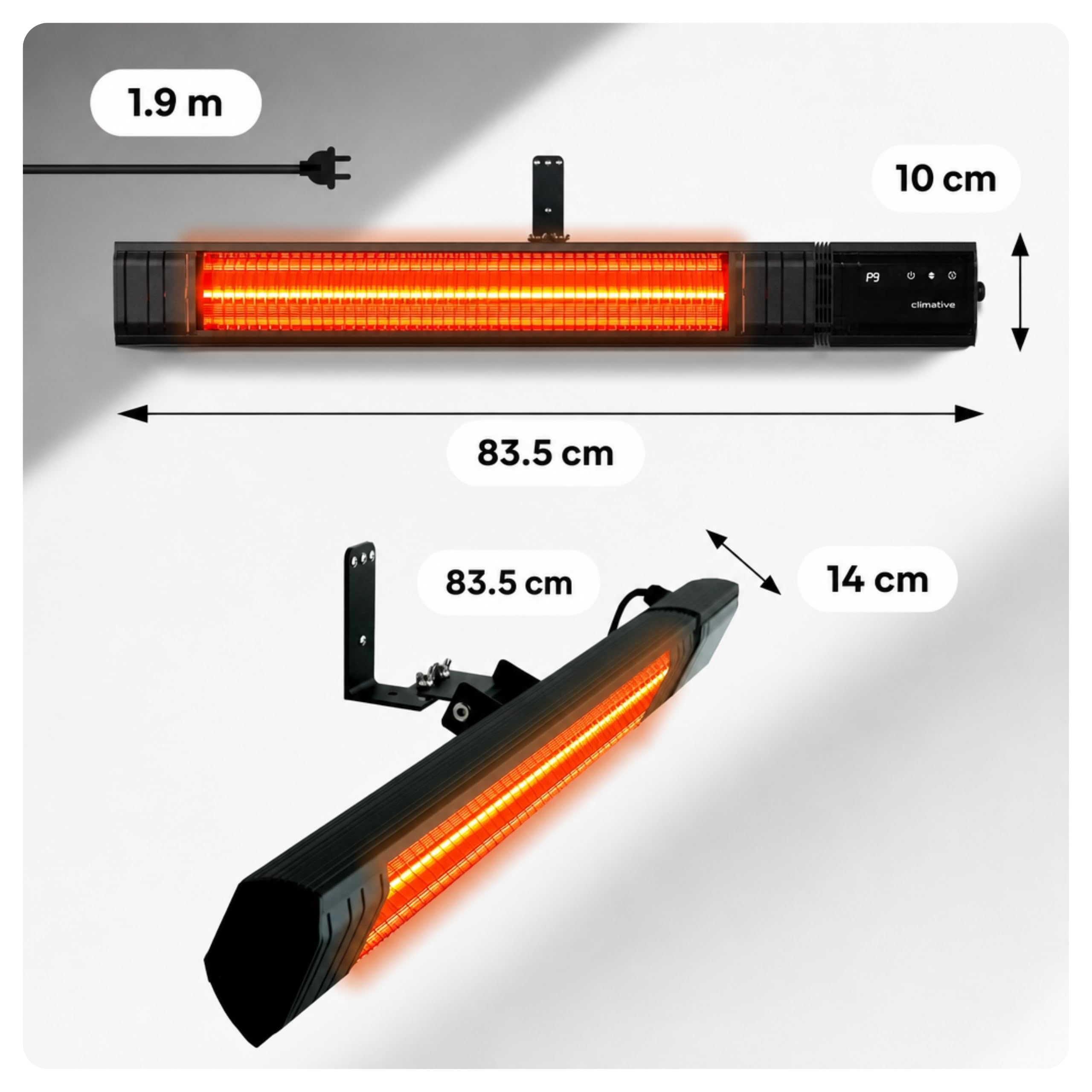 Radiateur infrarouge 2500W WiFi, 9 Niveaux, IP65, Carbone, Chauffage exterieur terrasse, Chauffage d'appoint, Radiateur electrique, Chauffage electrique RAY, Garage, Maison, Atelier