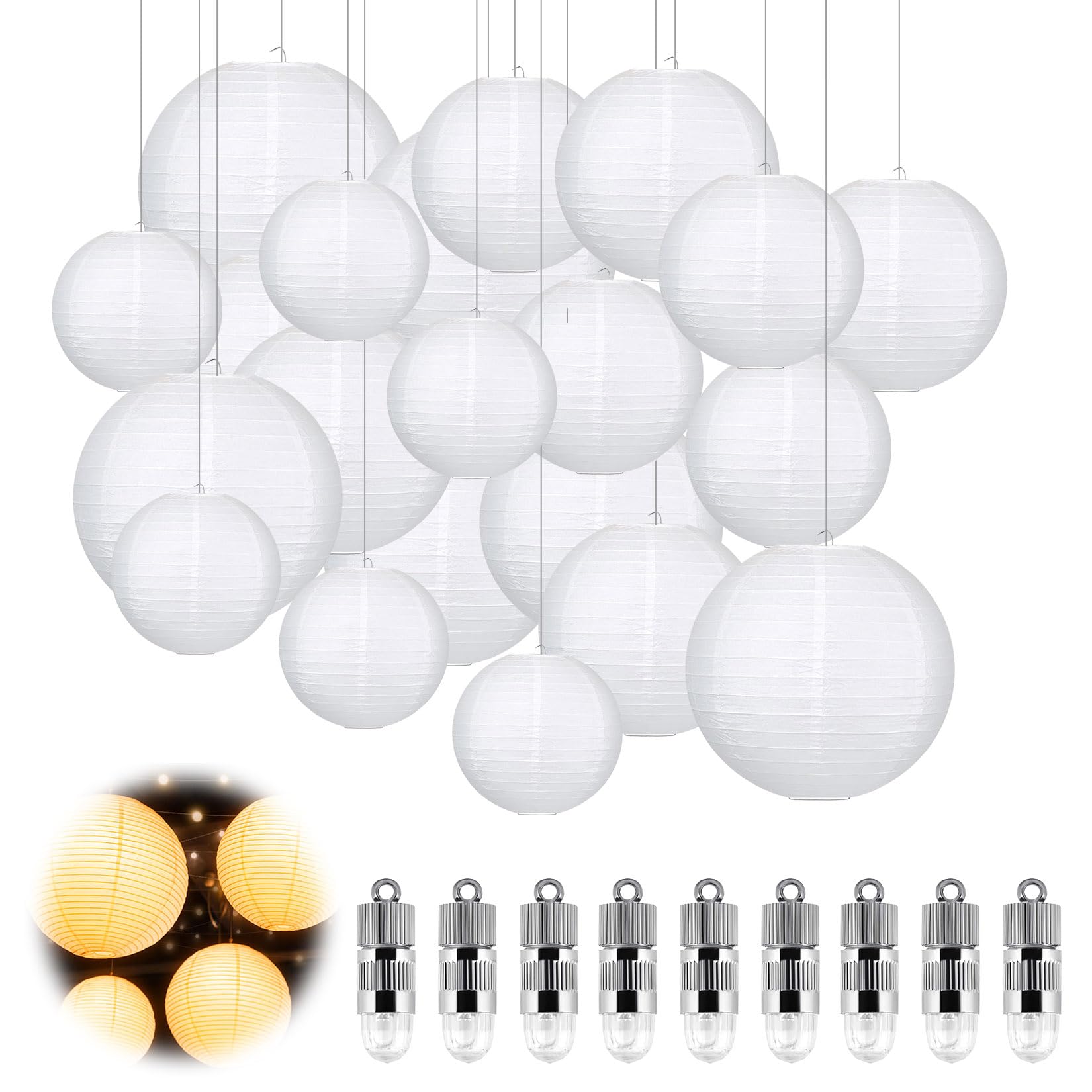30er-Set Papierlampions Weiß mit LED Lichter, Runde Papierlaternen Warmweiß mit Mini LEDs, Deko Lampenschirm zum Aufhängen für Hochzeit, Gartenparty, Geburtstag & Feier (Ø 15/20/25/30cm)
