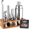 Cocktail Making Set, Cocktail Shaker Set 750ml Stainless Steel Bar Tool Set Bartender Kit with Bamboo Display Stand for Home & Bar (Silver Cobbler - 17PCS)