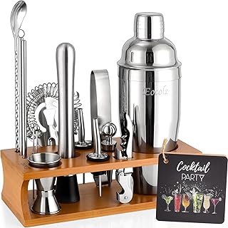 Eocolz Cocktail Shaker Kit, INOX Ensembles de Bar Cocktail Set, 17Pièces Cocktails Ensemble-Cadeau, Shaker à Cocktail Kit Barman avec Cadre en Bois (Marron Argent)