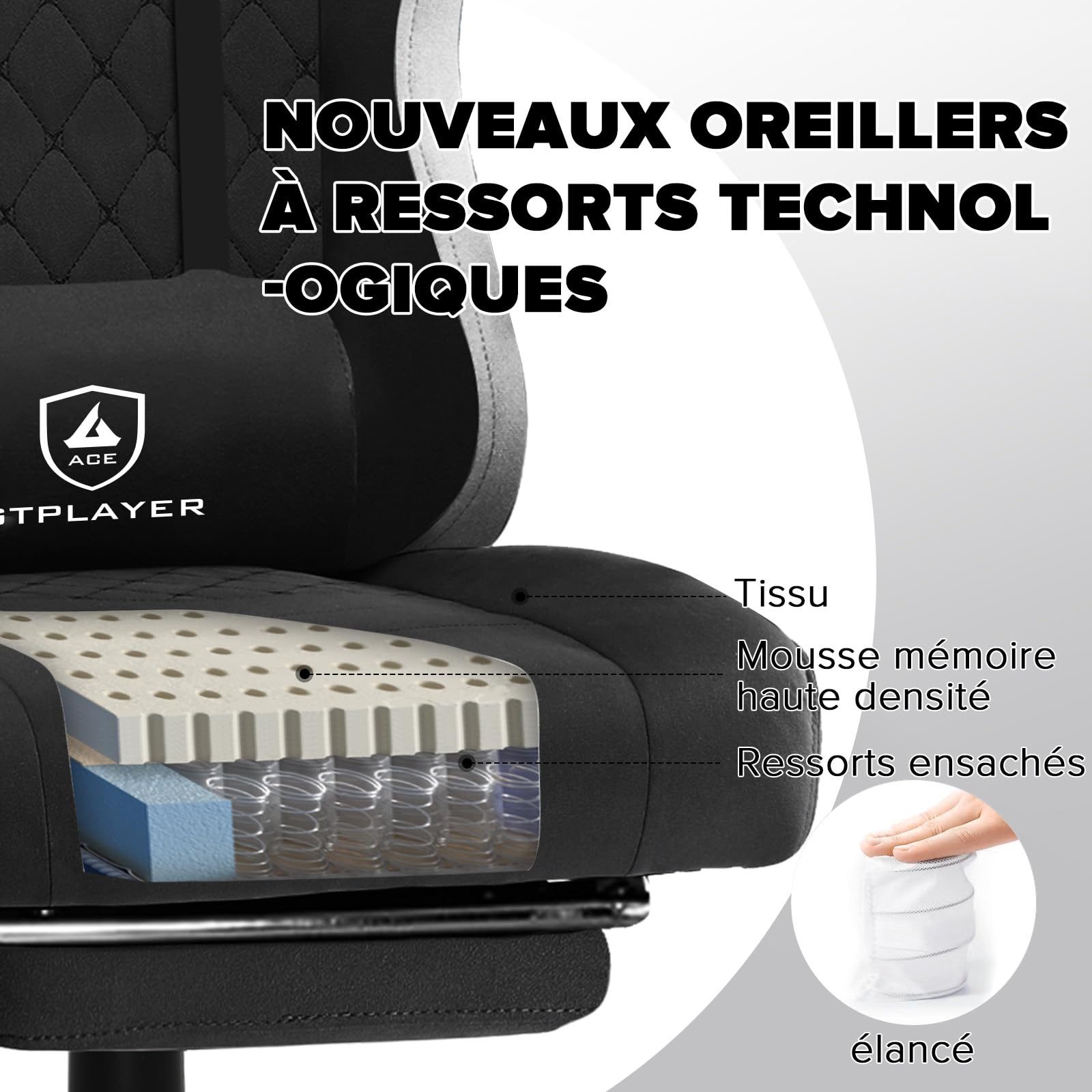 GTPLAYER Chaise Gaming Bureau Ergonomique Fauteuil Gaming Tissu, accoudoir inclinable, avec Repose-Pieds, Supporte 150 kg, Noir